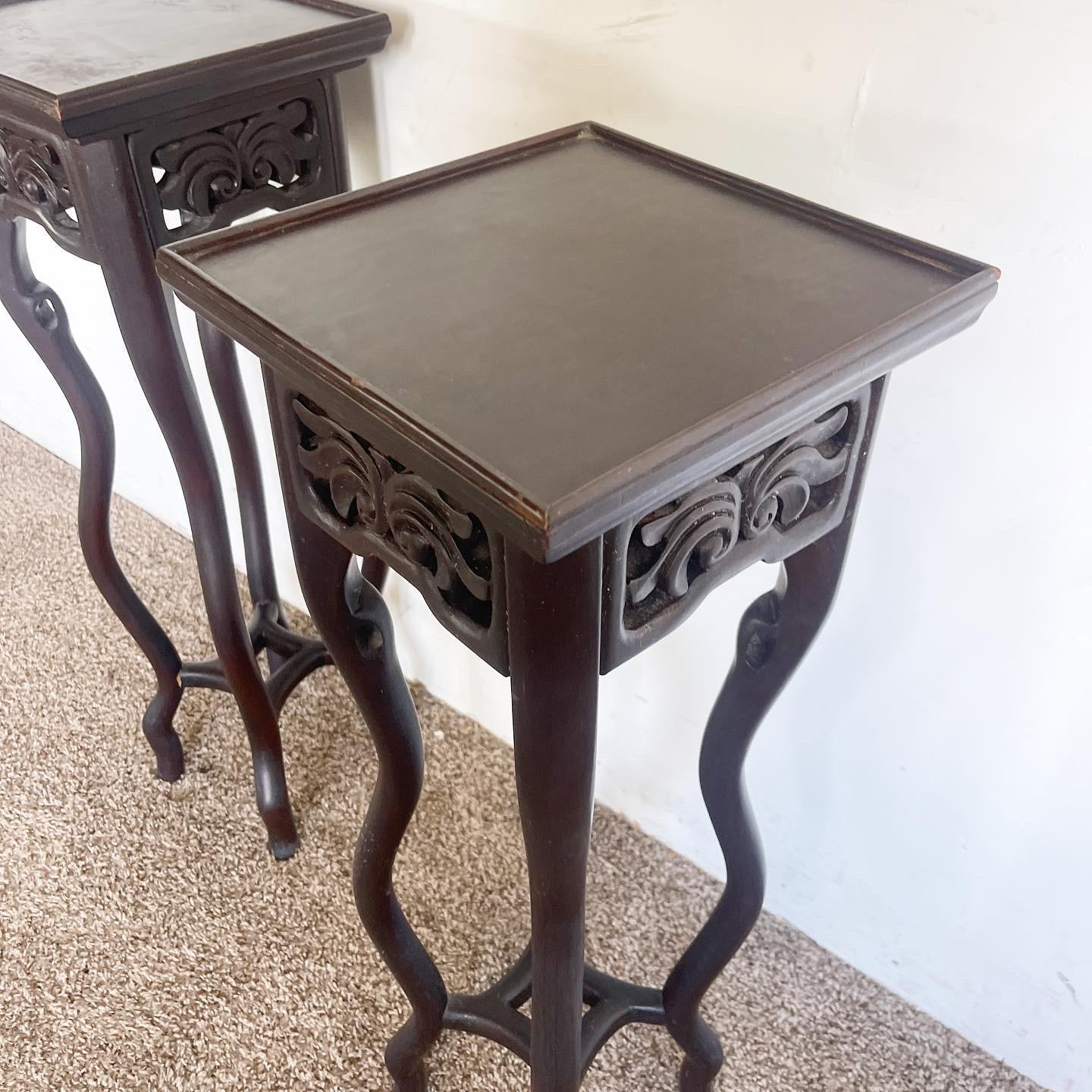 Chinese Hand Carved Rosewood Pedestal Side Tables - a Pair For Sale 2