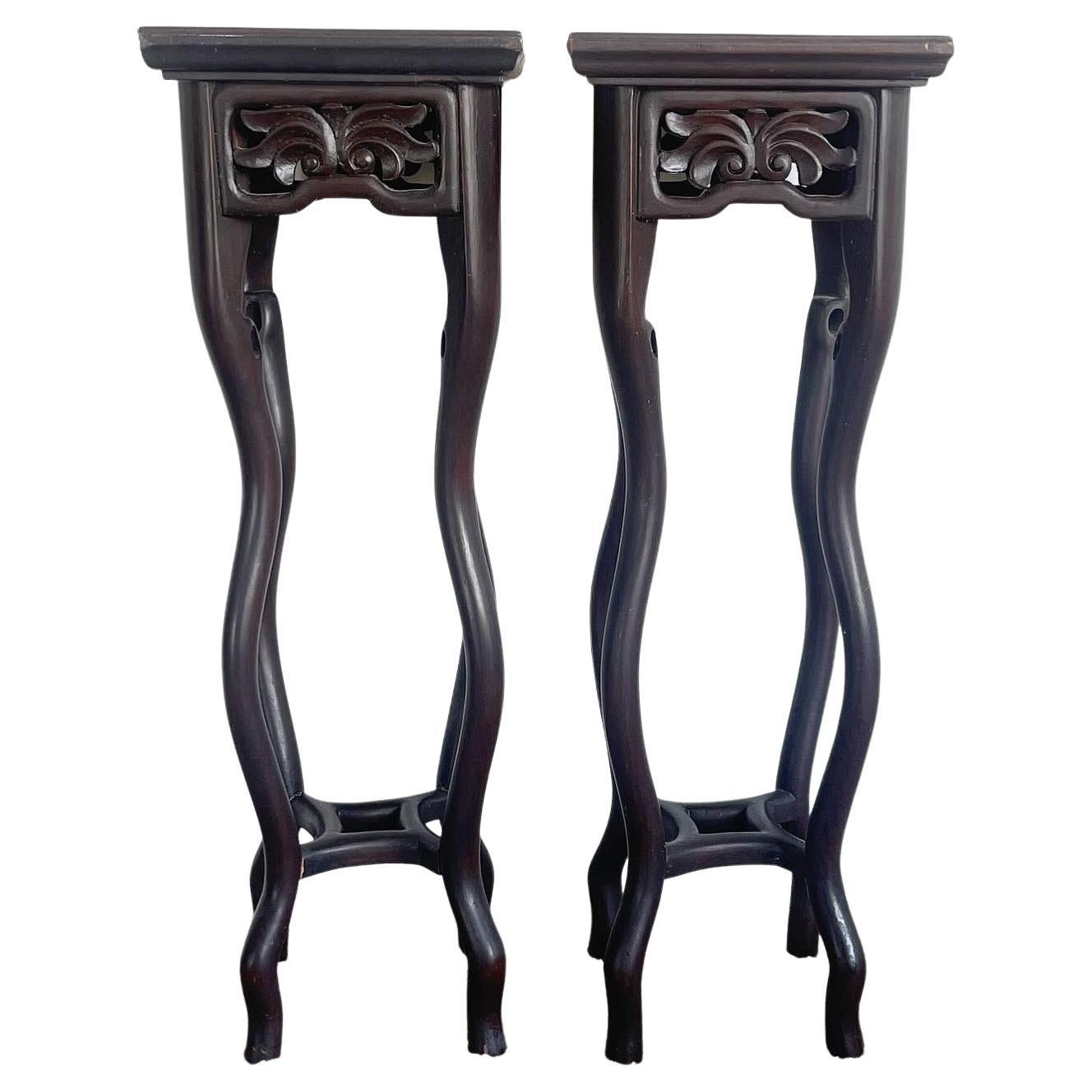 Chinese Hand Carved Rosewood Pedestal Side Tables - a Pair For Sale