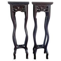 Antique Chinese Hand Carved Rosewood Pedestal Side Tables - a Pair