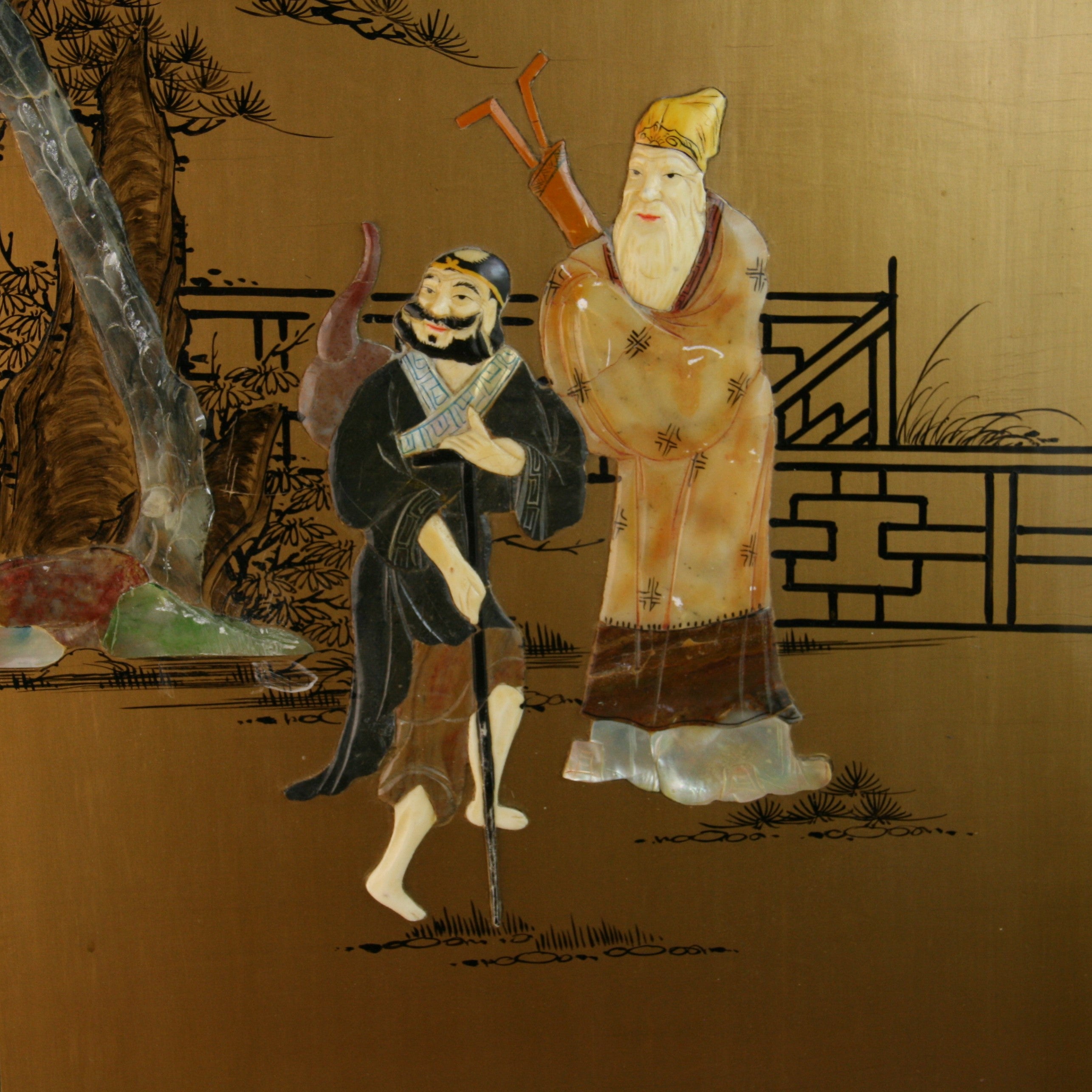 Panneau mural figuratif chinois en pierre colorée sculpté à la main #2
2 autres panneaux disponibles 
Voir 3-1052 et 3-1054.