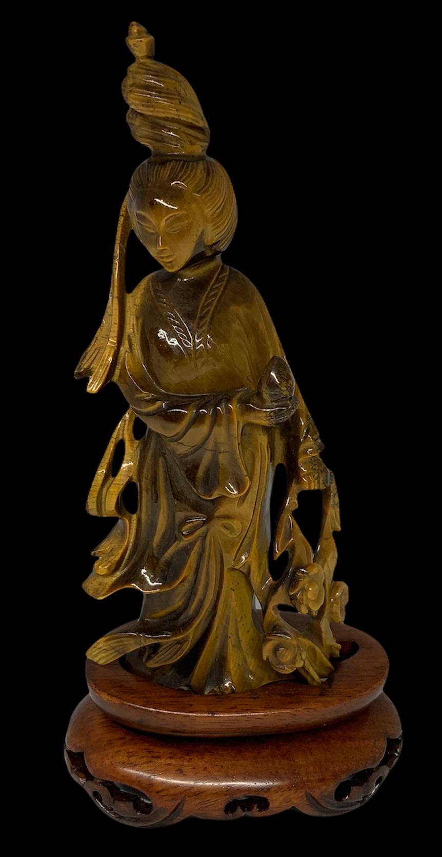Chinese Hand Carved Tiger Eye Statue of Guan Yin In Good Condition In Guaynabo, PR