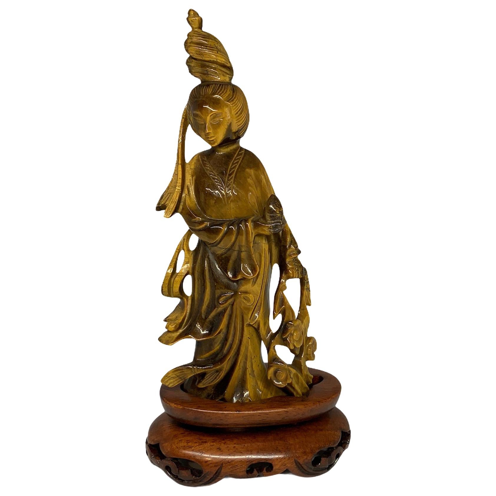 Chinese Hand Carved Tiger Eye Statue of Guan Yin