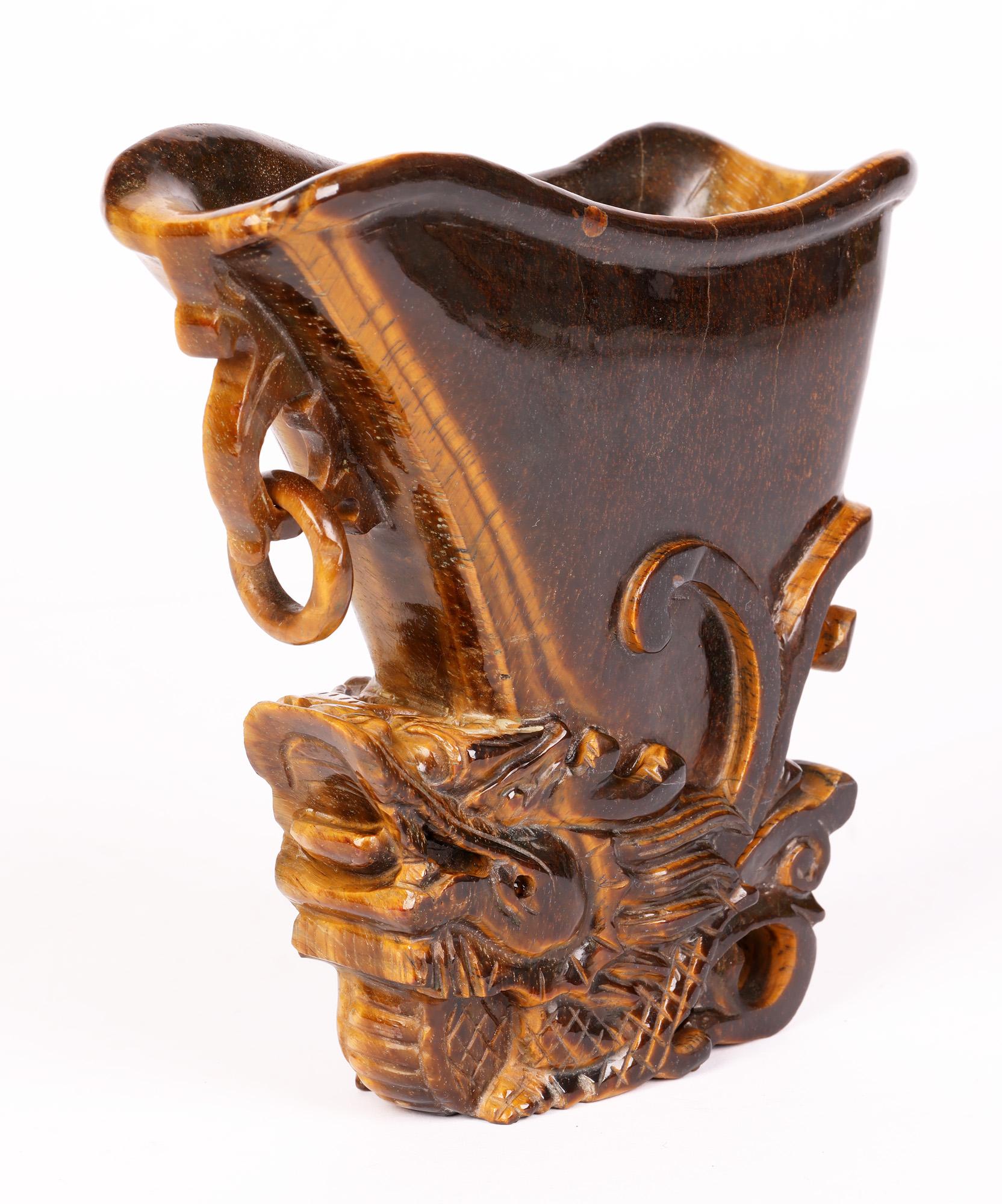 Chinese Hand Carved Tigers Eye Stone Libation Cup with Dragon For Sale 3