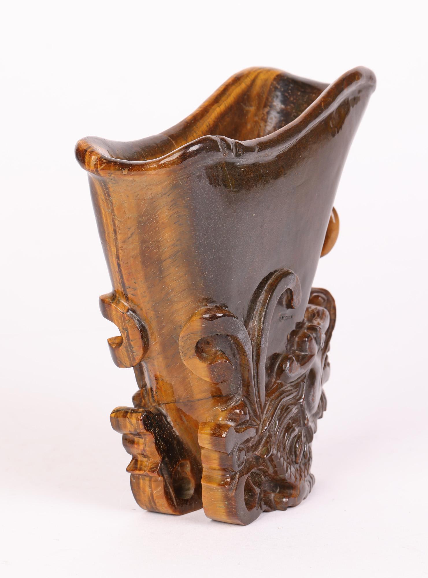Chinese Hand Carved Tigers Eye Stone Libation Cup with Dragon For Sale 7