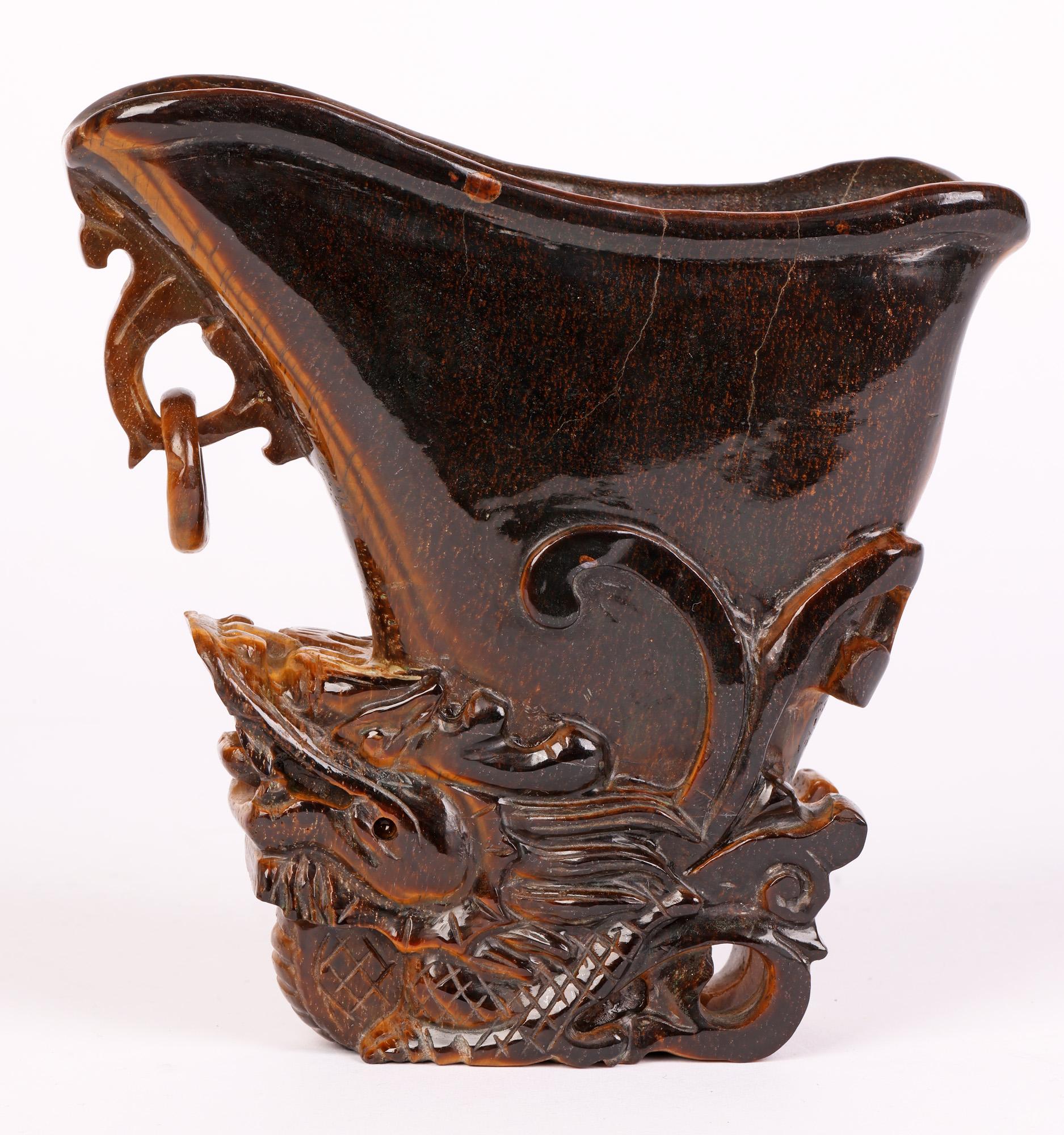 Chinese Hand Carved Tigers Eye Stone Libation Cup with Dragon For Sale 9