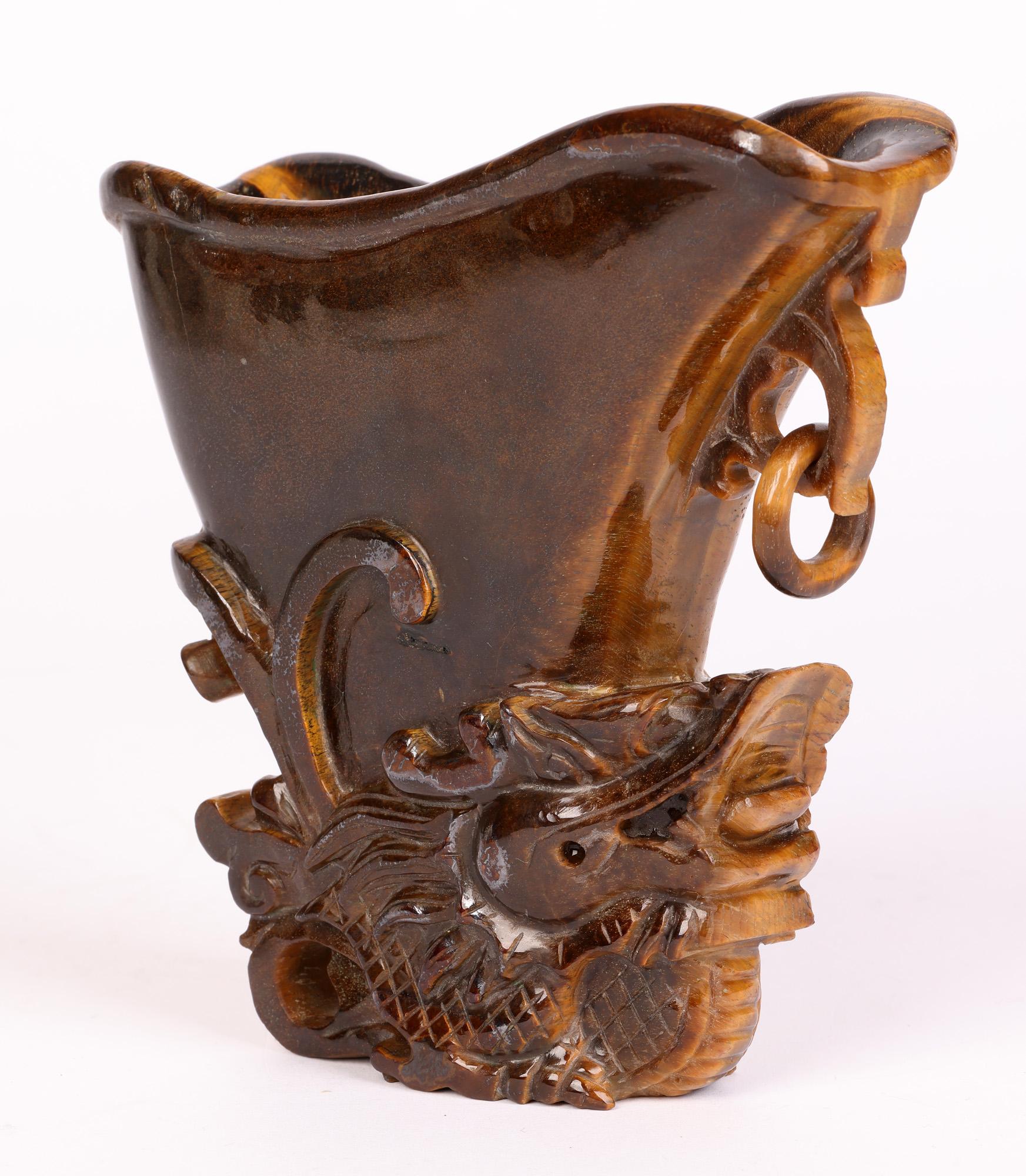 Chinese Hand Carved Tigers Eye Stone Libation Cup with Dragon For Sale 12