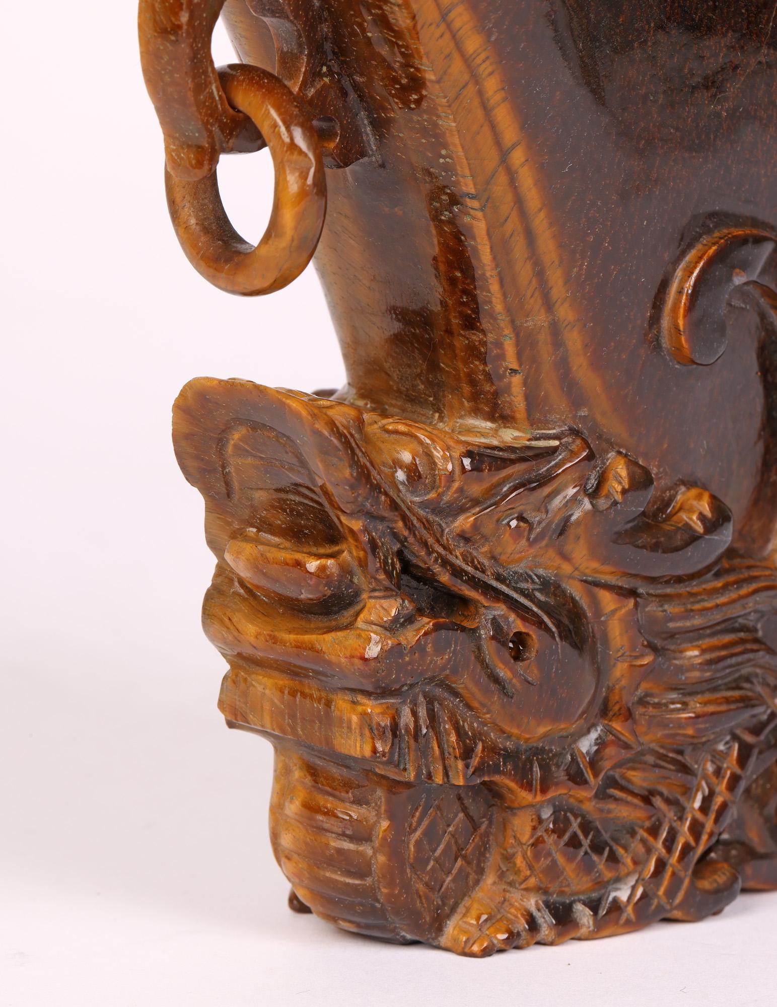 Chinese Export Chinese Hand Carved Tigers Eye Stone Libation Cup with Dragon For Sale