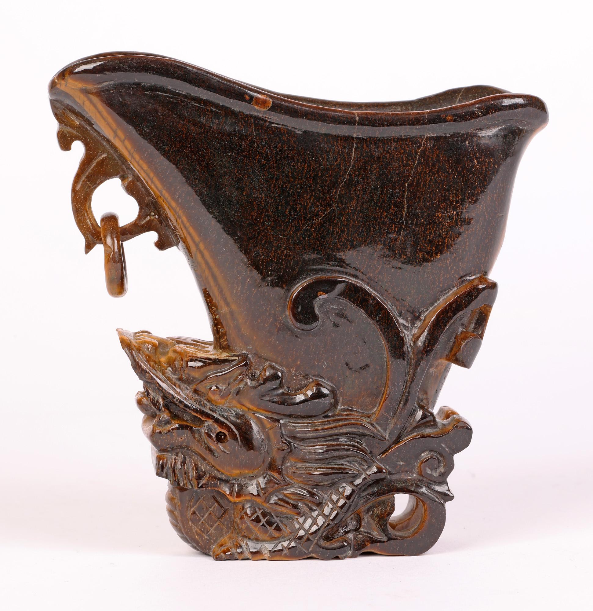 20th Century Chinese Hand Carved Tigers Eye Stone Libation Cup with Dragon For Sale