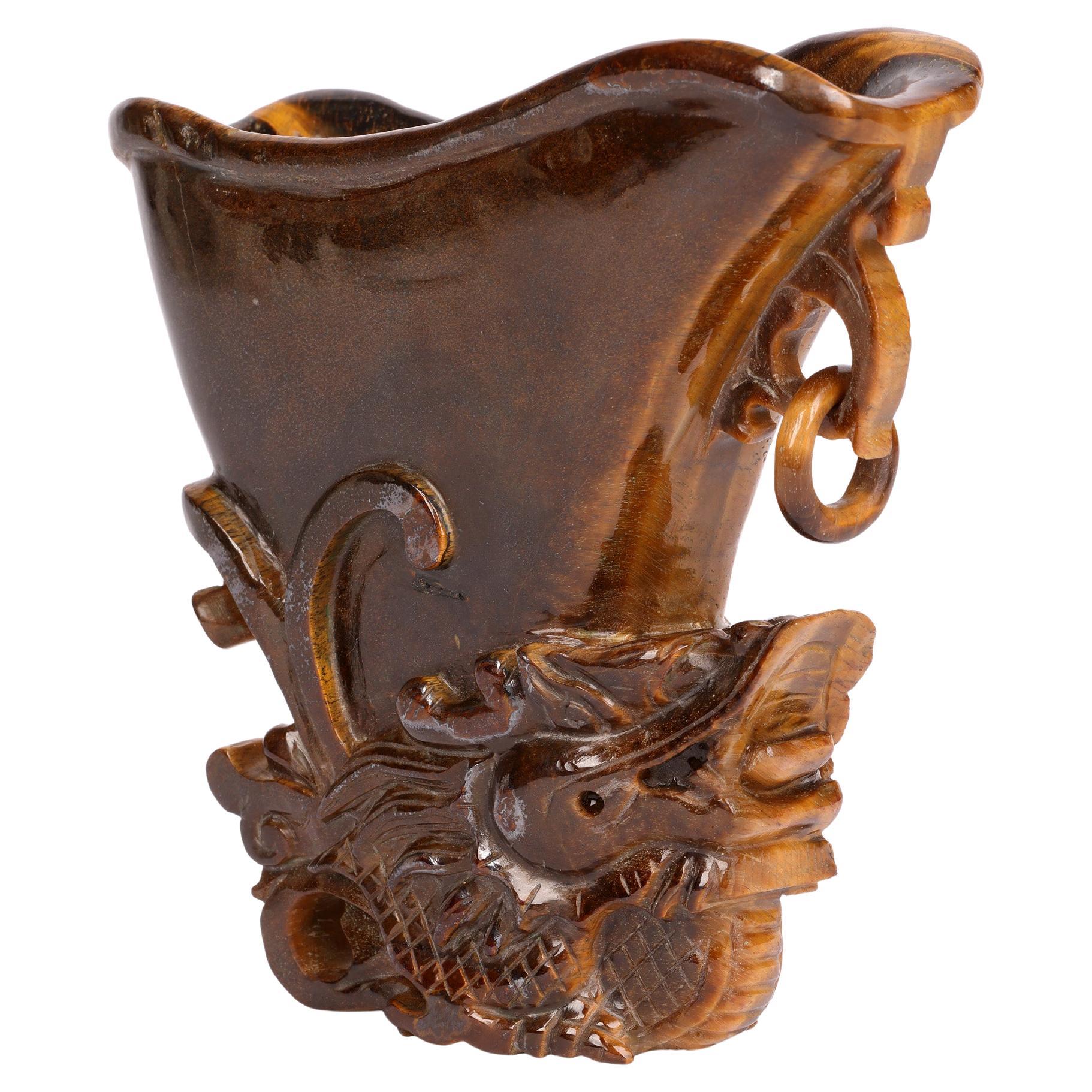 Chinese Hand Carved Tigers Eye Stone Libation Cup with Dragon For Sale at  1stDibs