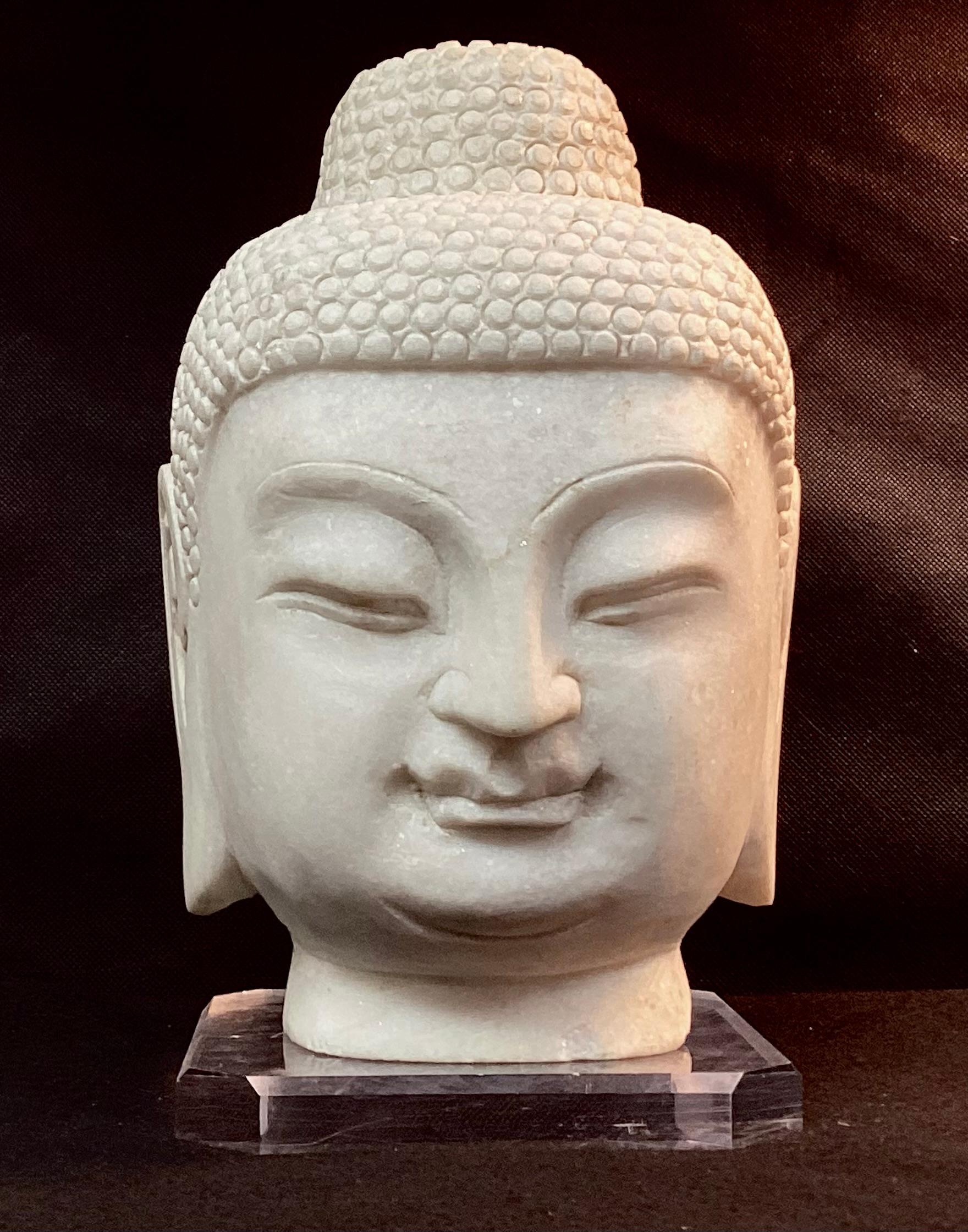 Chinese Hand-Carved White Marble Buddha Head 1