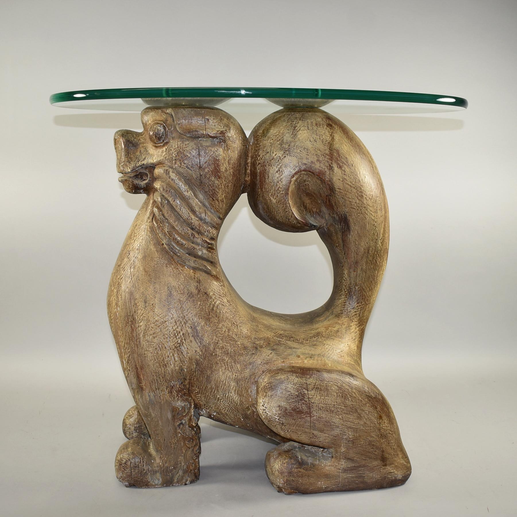 Mid-20th Century Chinese Hand Carved Wood Foo Dog Table Sarreid, LTD Spain Glass Top