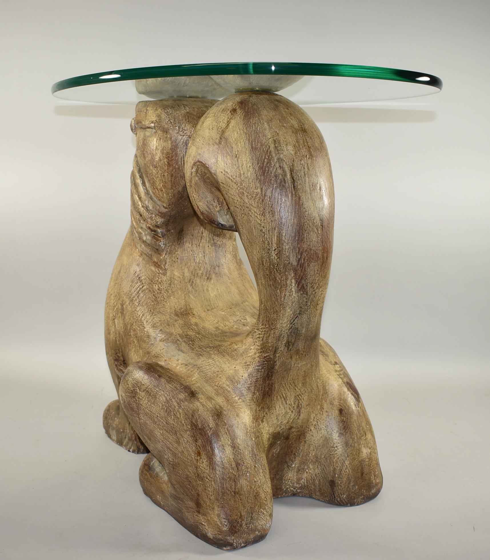 Chinese Hand Carved Wood Foo Dog Table Sarreid, LTD Spain Glass Top 3