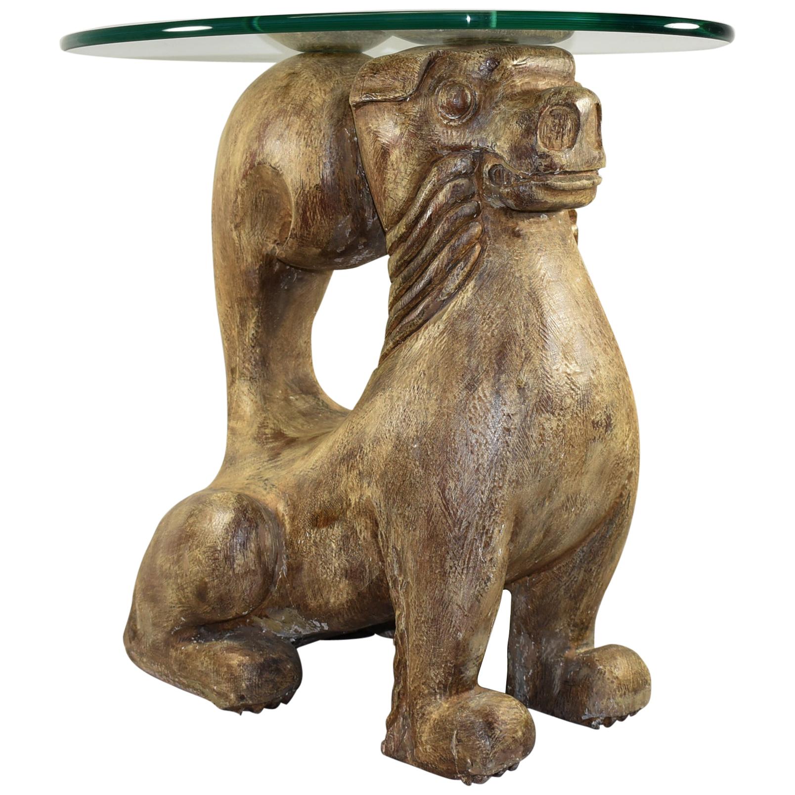 Chinese Hand Carved Wood Foo Dog Table Sarreid, LTD Spain Glass Top