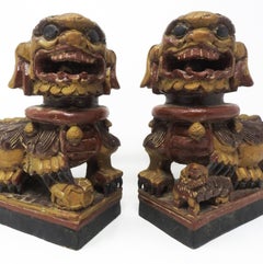 Chinese Hand Carved Wood Foo Dogs, 20th Century