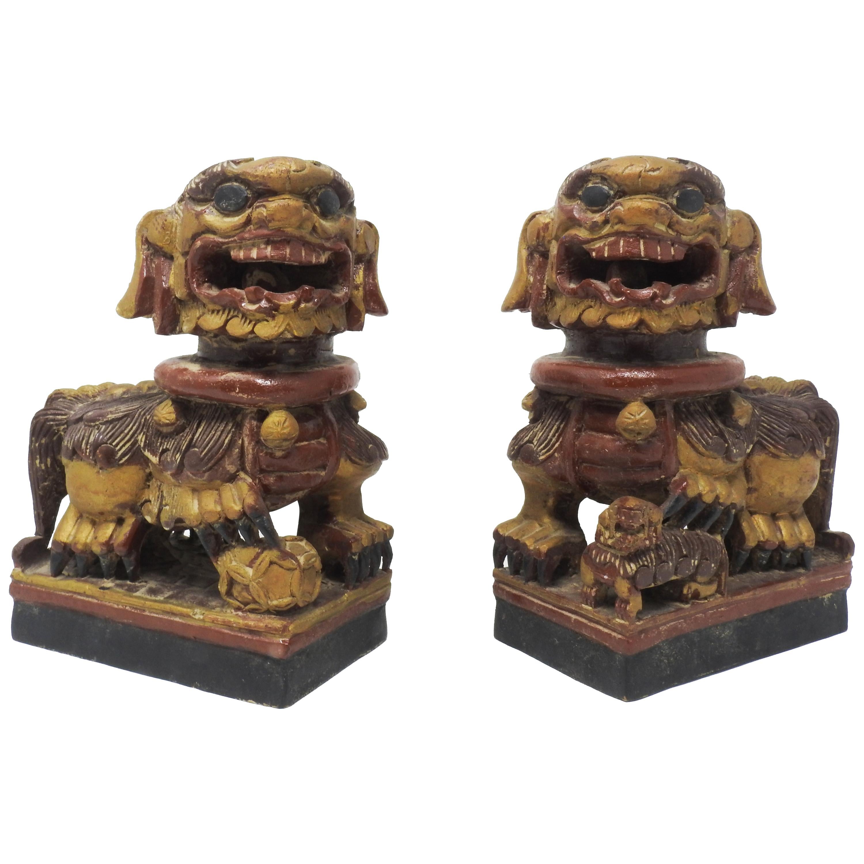 Chinese Hand Carved Wood Foo Dogs, 20th Century For Sale