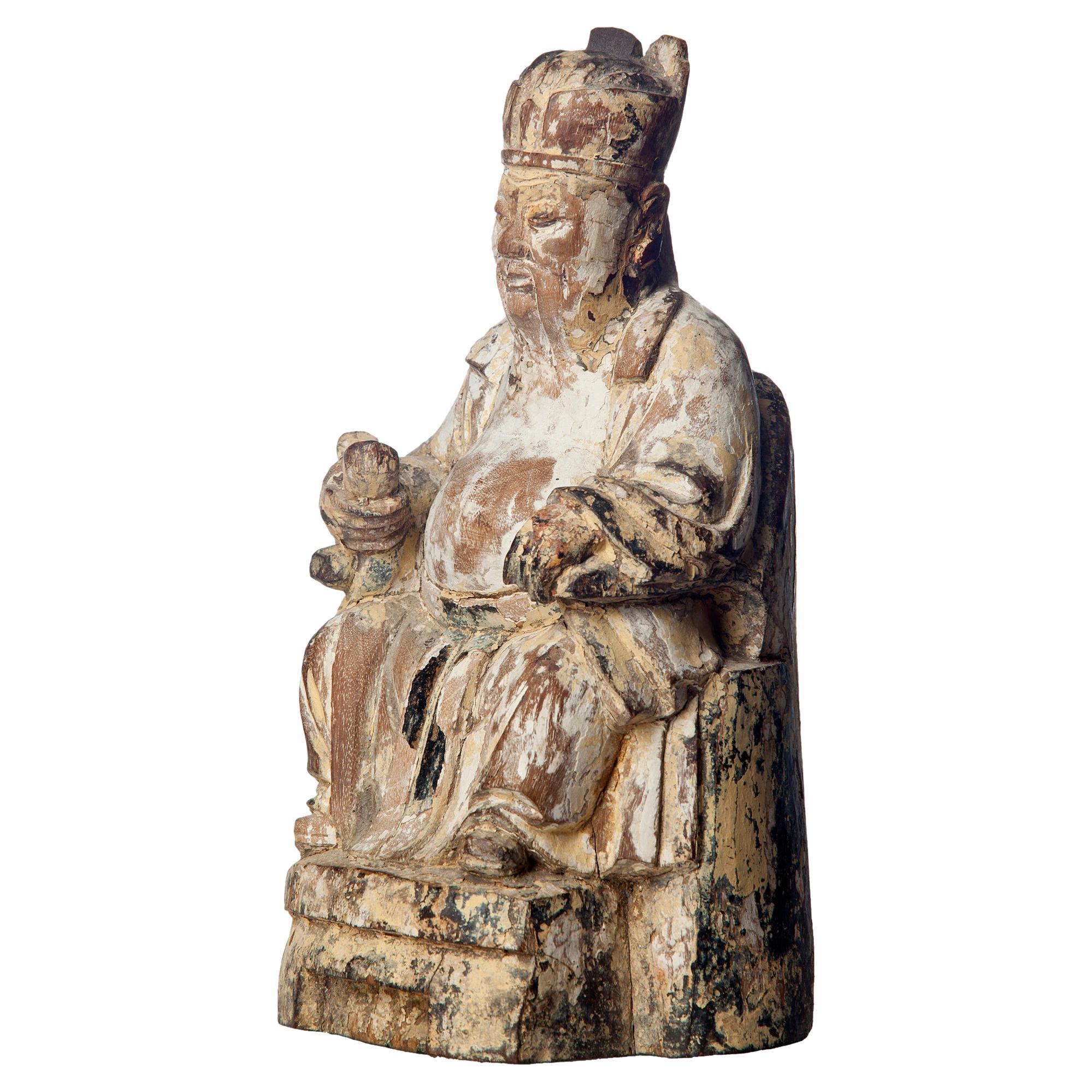 Chinese Hand Carved Wood Statue, 19th Century In Distressed Condition In Malibu, CA