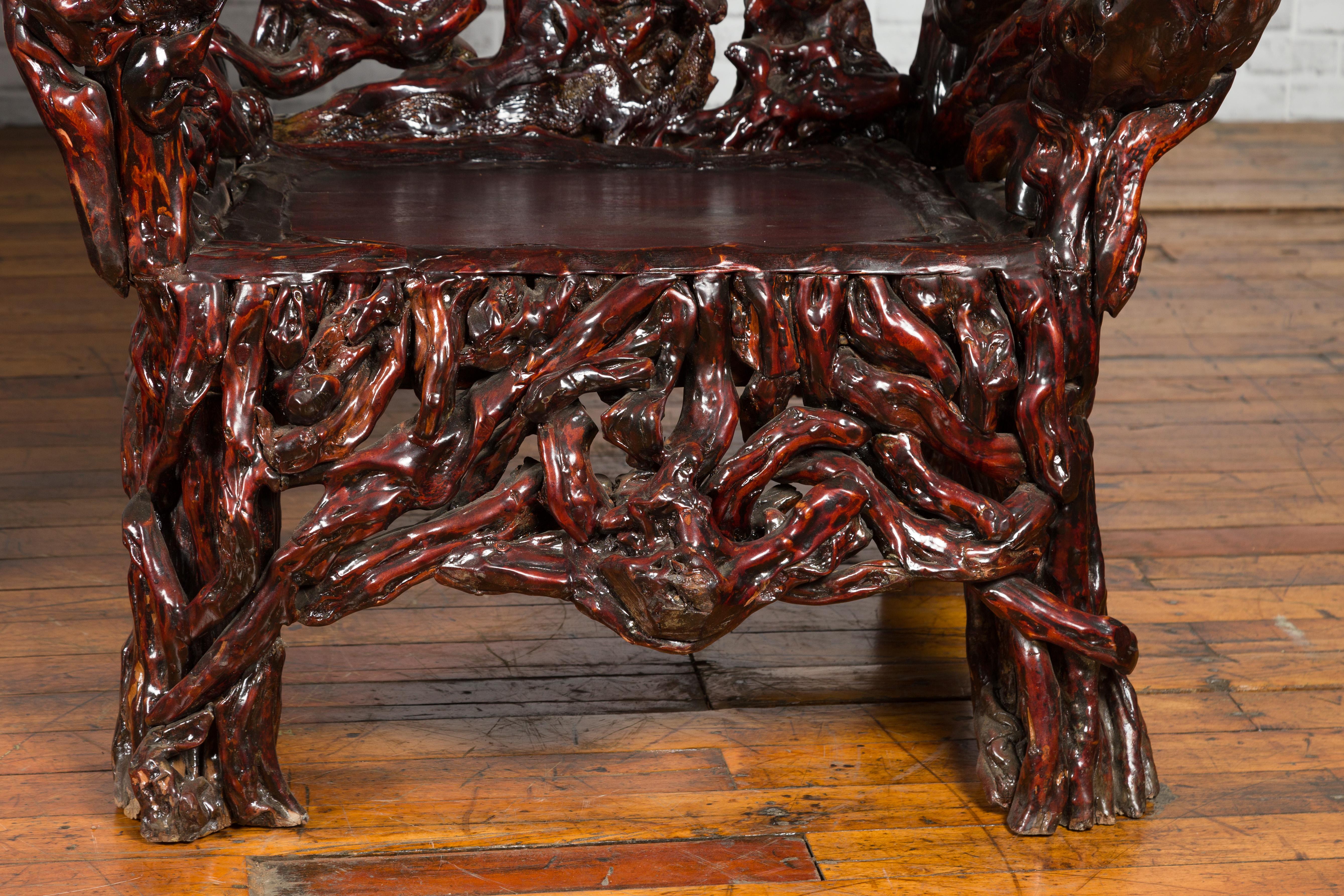 Chinese Hand-Carved Azalea Root Armchairs with Dark Patina, Sold Each For Sale 6