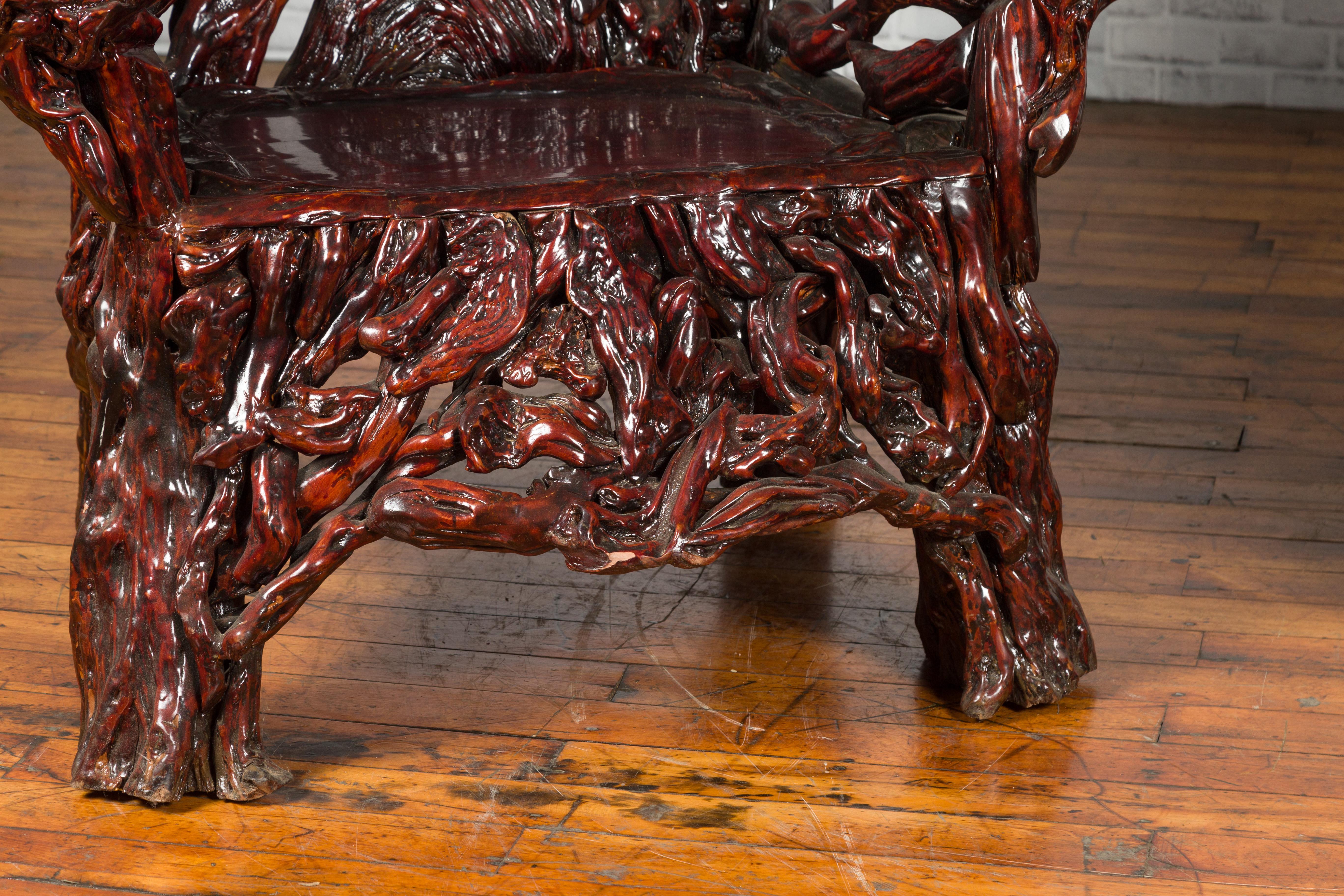 Chinese Hand-Carved Azalea Root Armchairs with Dark Patina, Sold Each For Sale 7