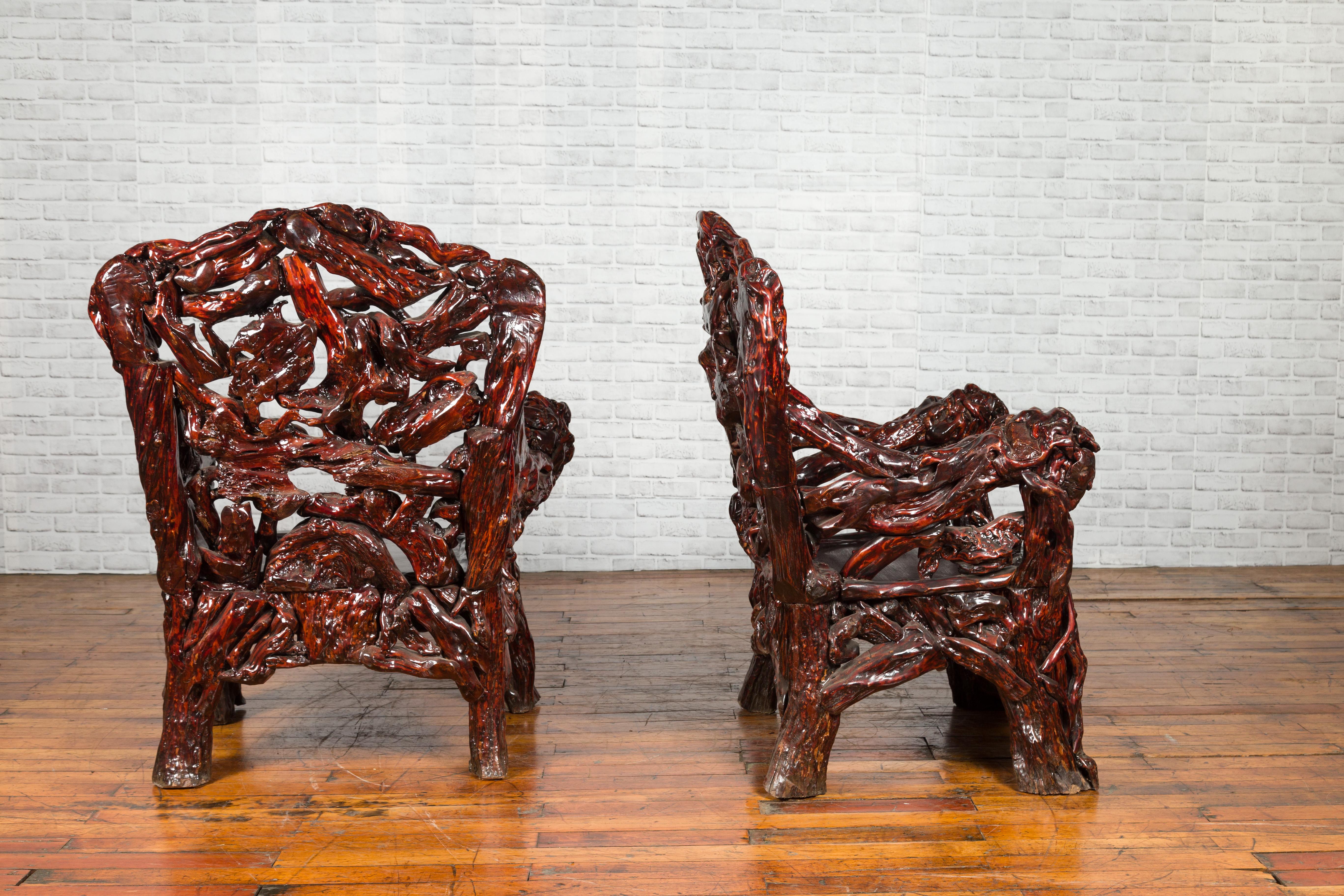 Chinese Hand-Carved Azalea Root Armchairs with Dark Patina, Sold Each For Sale 8