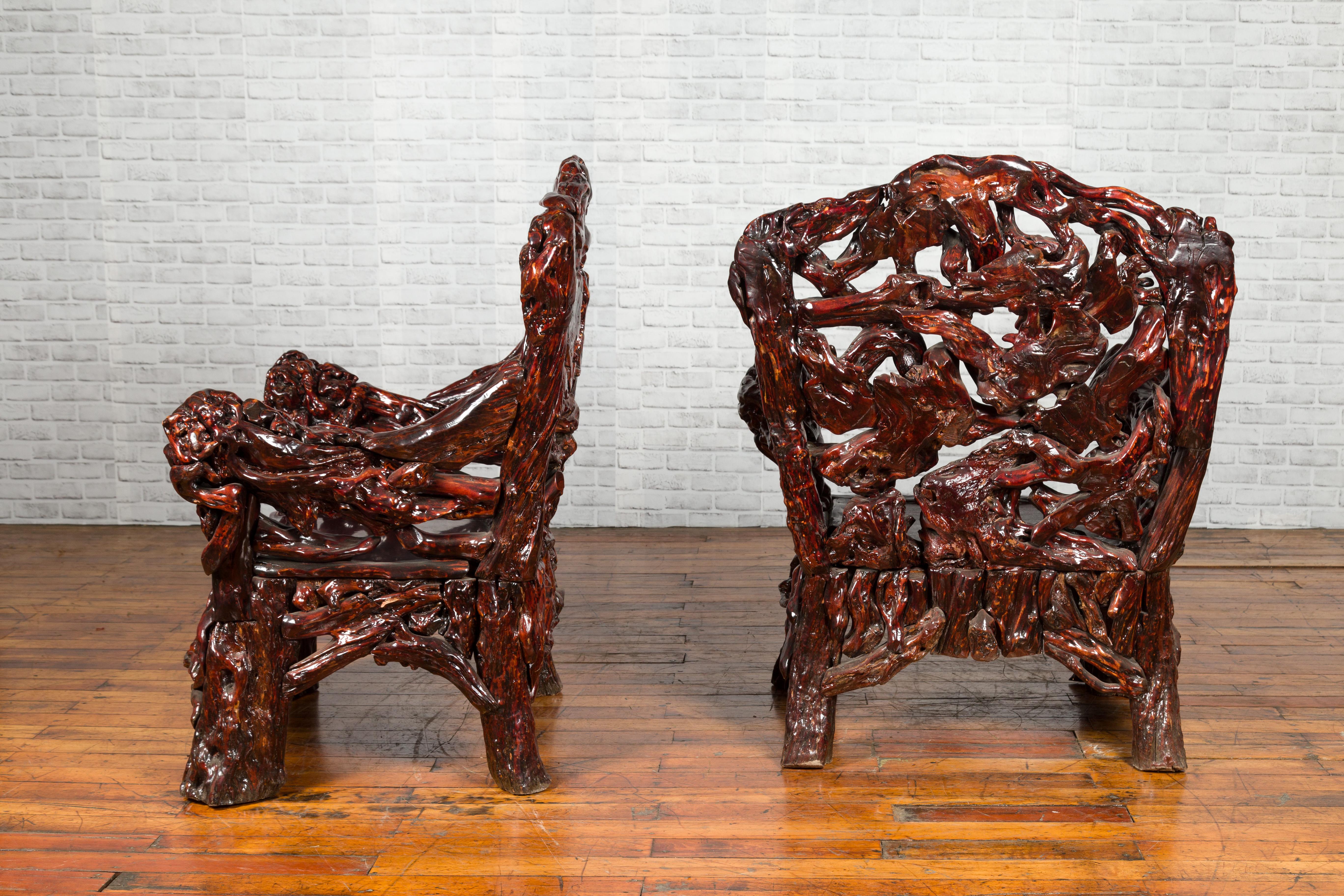 Chinese Hand-Carved Azalea Root Armchairs with Dark Patina, Sold Each For Sale 9