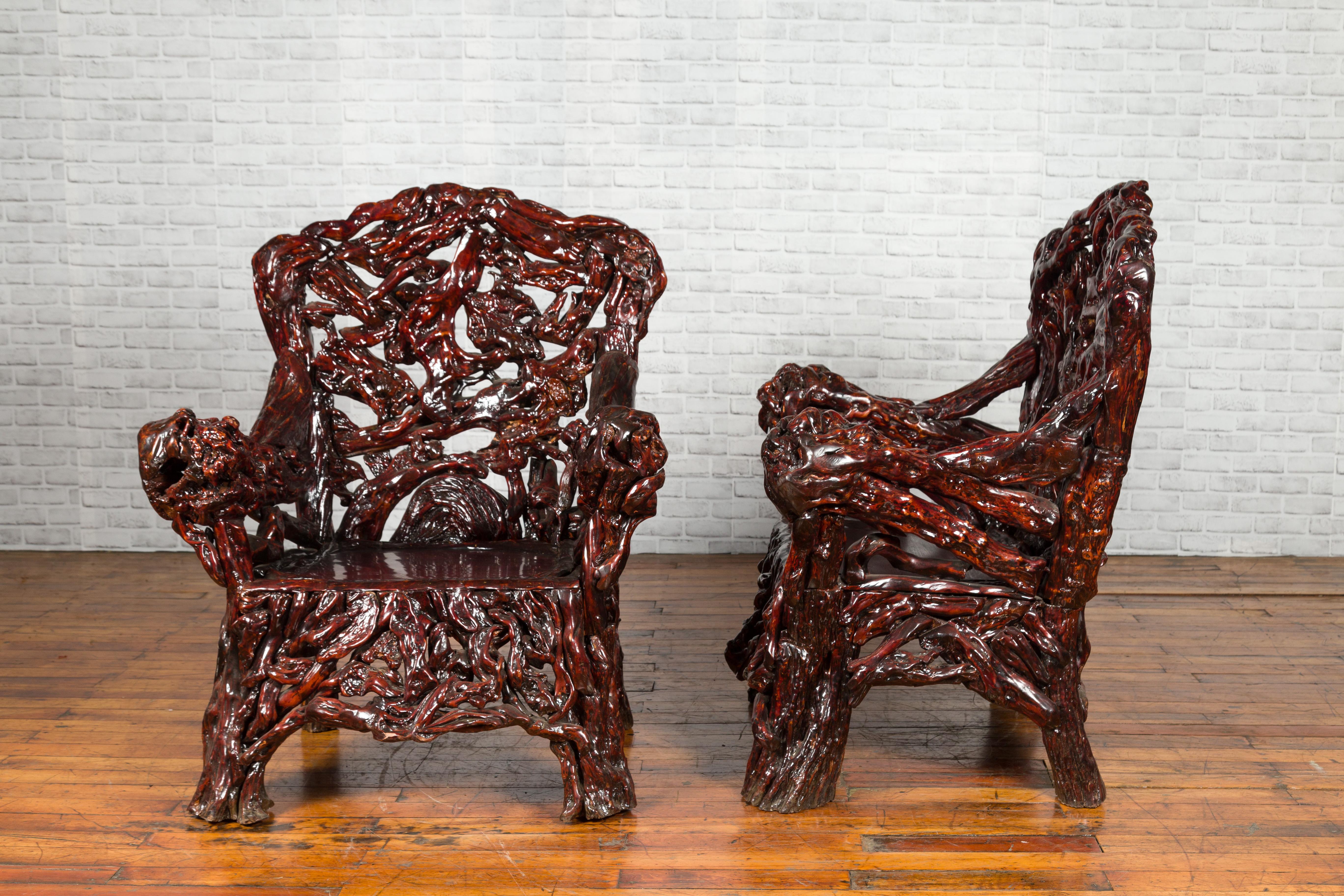 Chinese Hand-Carved Azalea Root Armchairs with Dark Patina, Sold Each For Sale 10