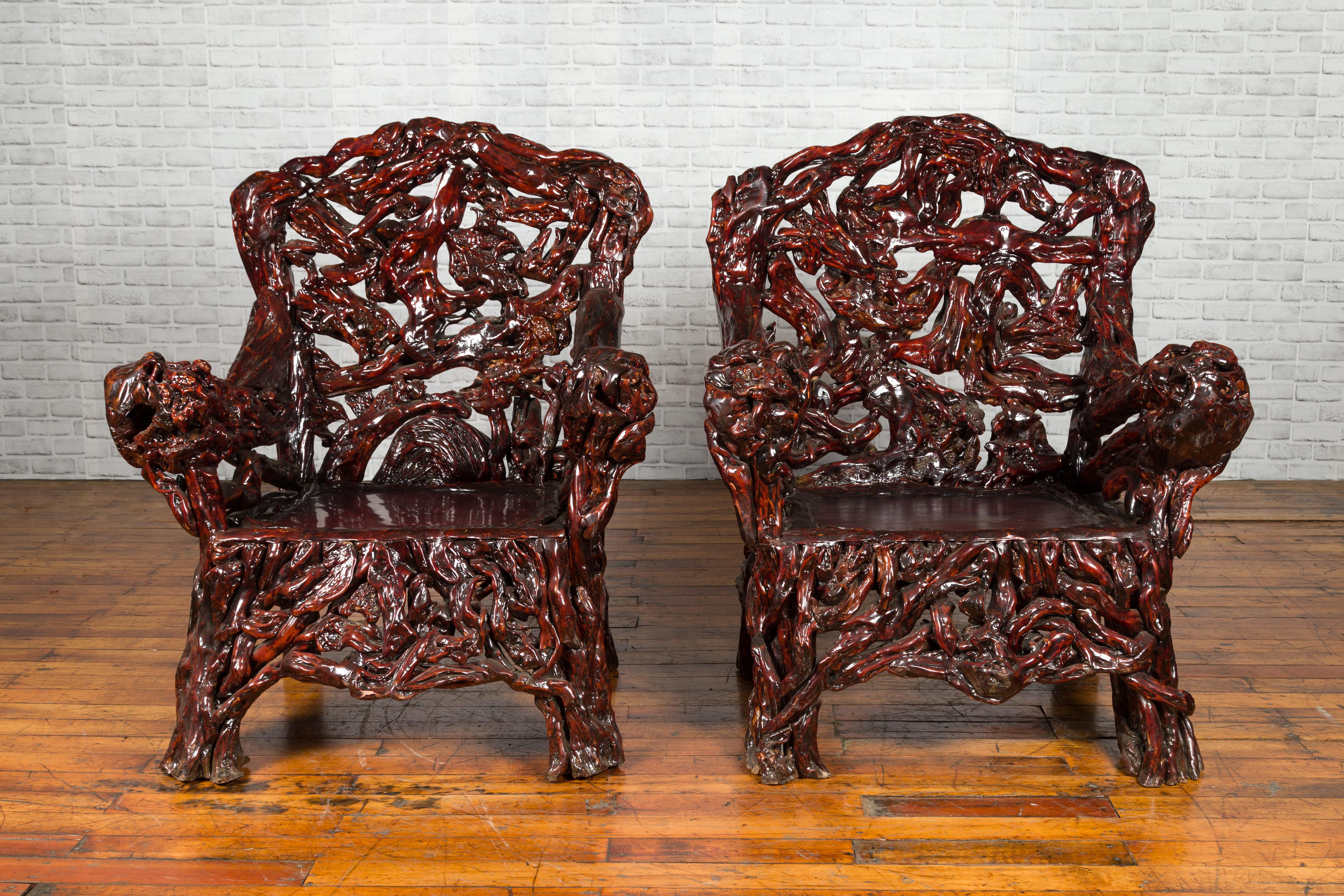 Chinese Hand-Carved Azalea Root Armchairs with Dark Patina, Sold Each For Sale 13