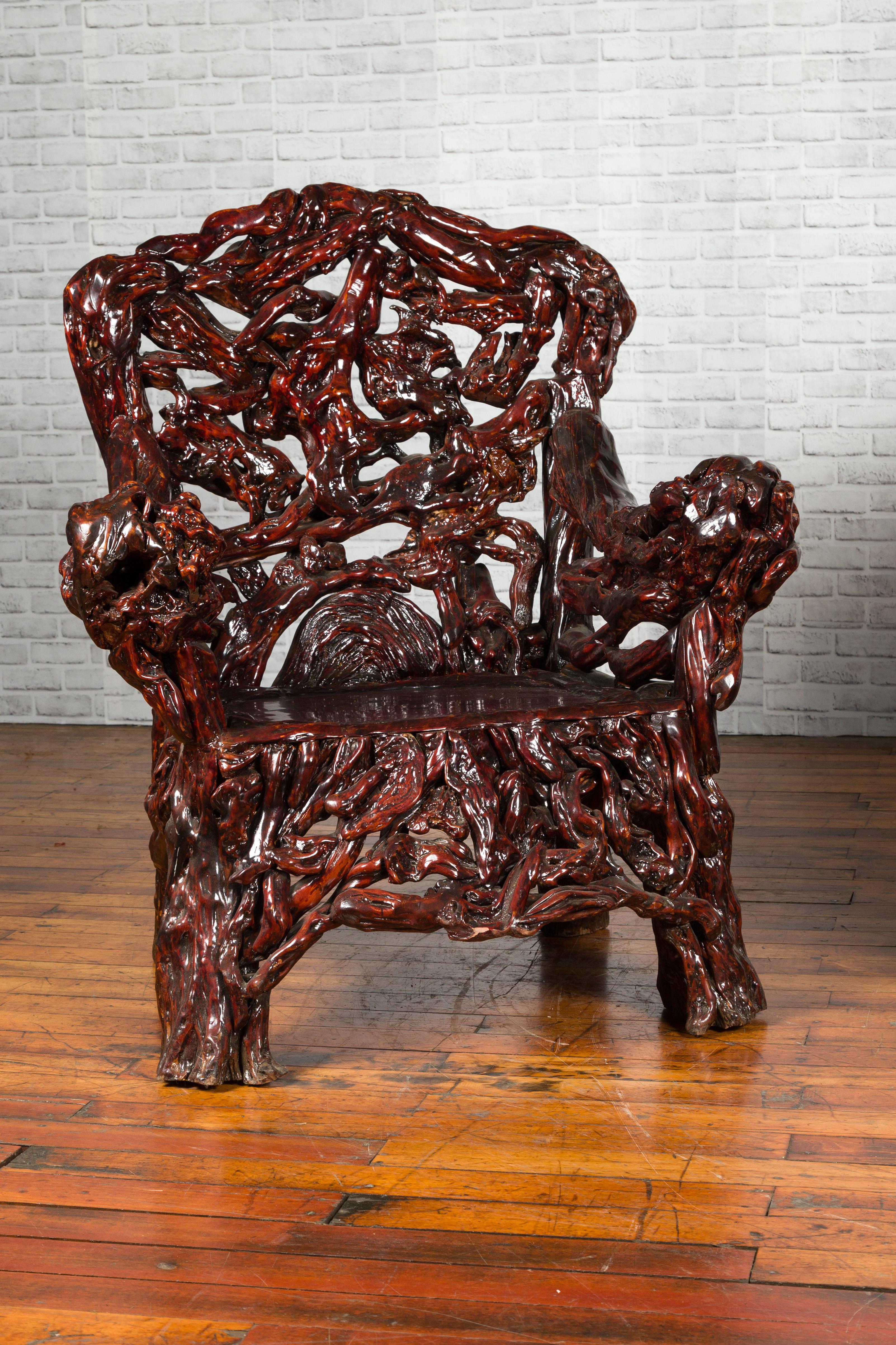Chinese Hand-Carved Azalea Root Armchairs with Dark Patina, Sold Each In Good Condition For Sale In Yonkers, NY