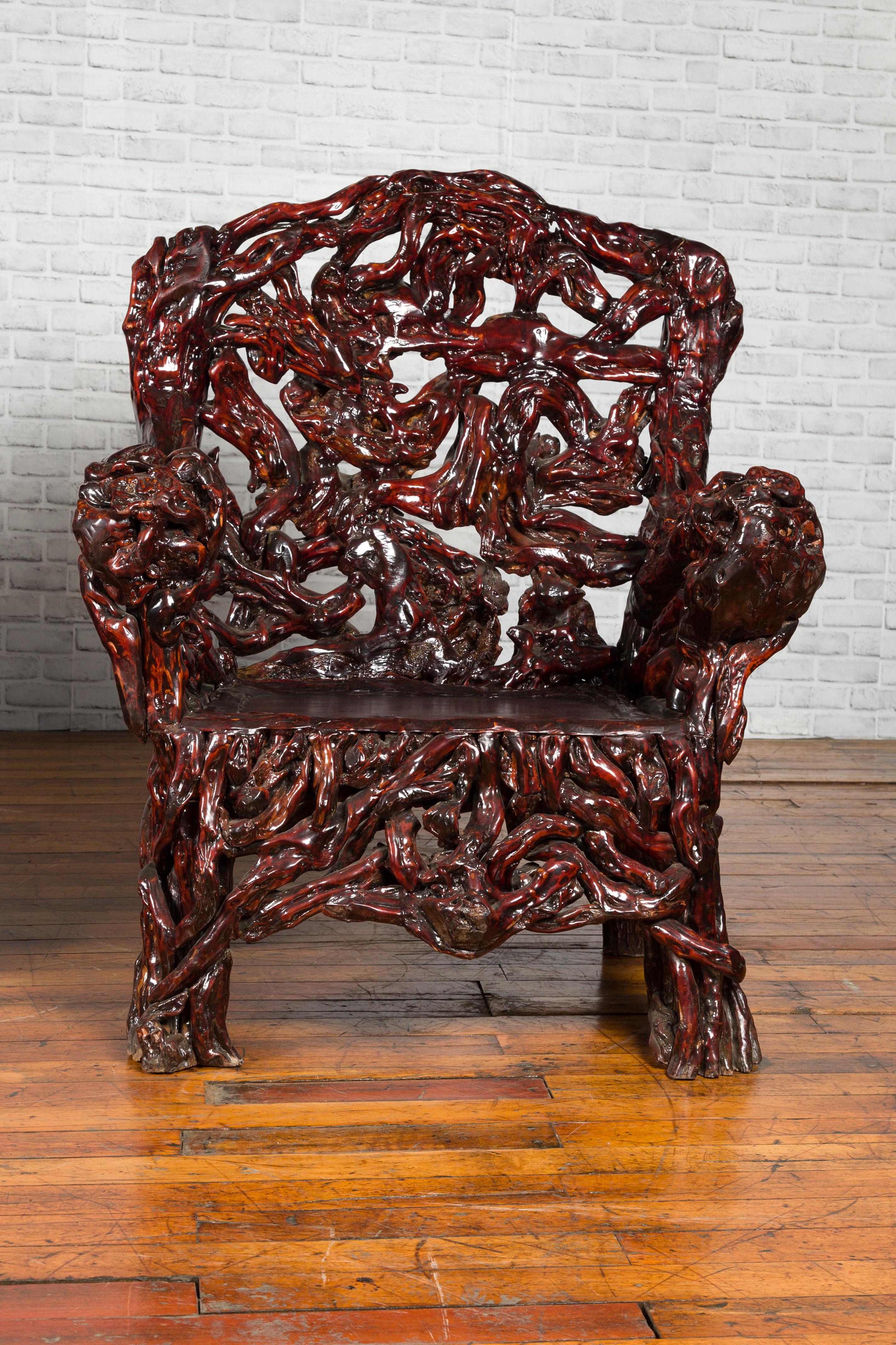 20th Century Chinese Hand-Carved Azalea Root Armchairs with Dark Patina, Sold Each For Sale