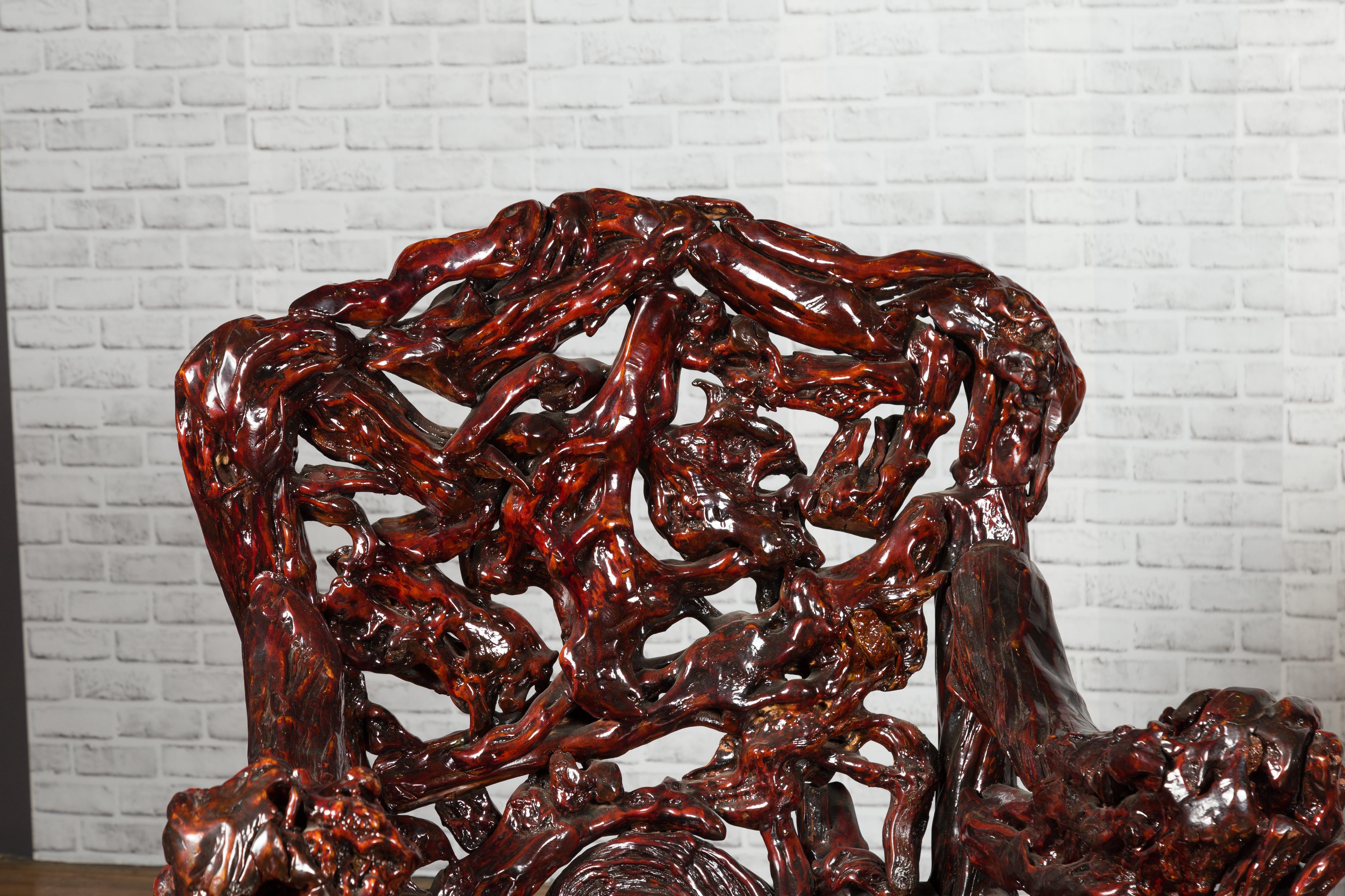 Wood Chinese Hand-Carved Azalea Root Armchairs with Dark Patina, Sold Each For Sale