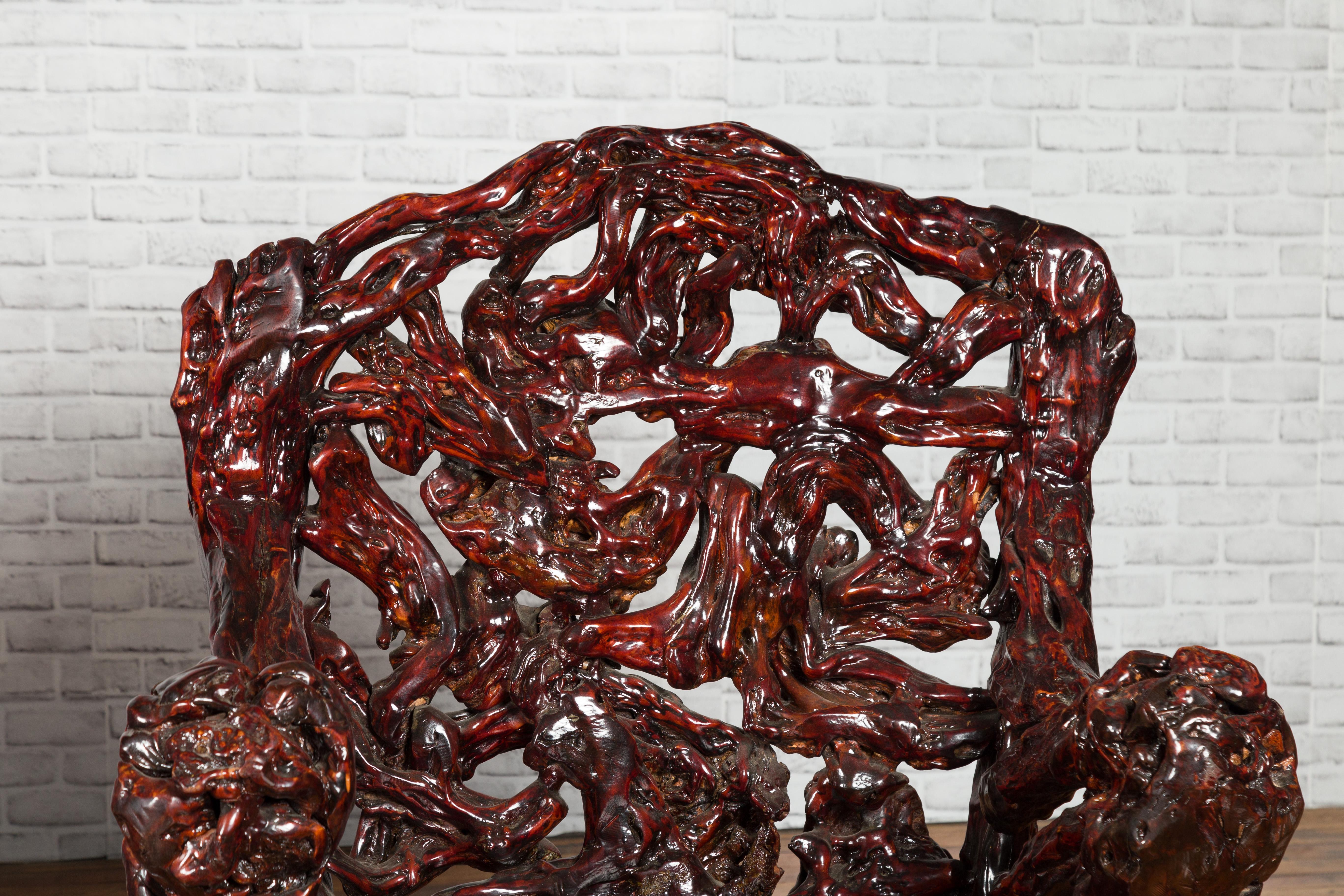 Chinese Hand-Carved Azalea Root Armchairs with Dark Patina, Sold Each For Sale 1