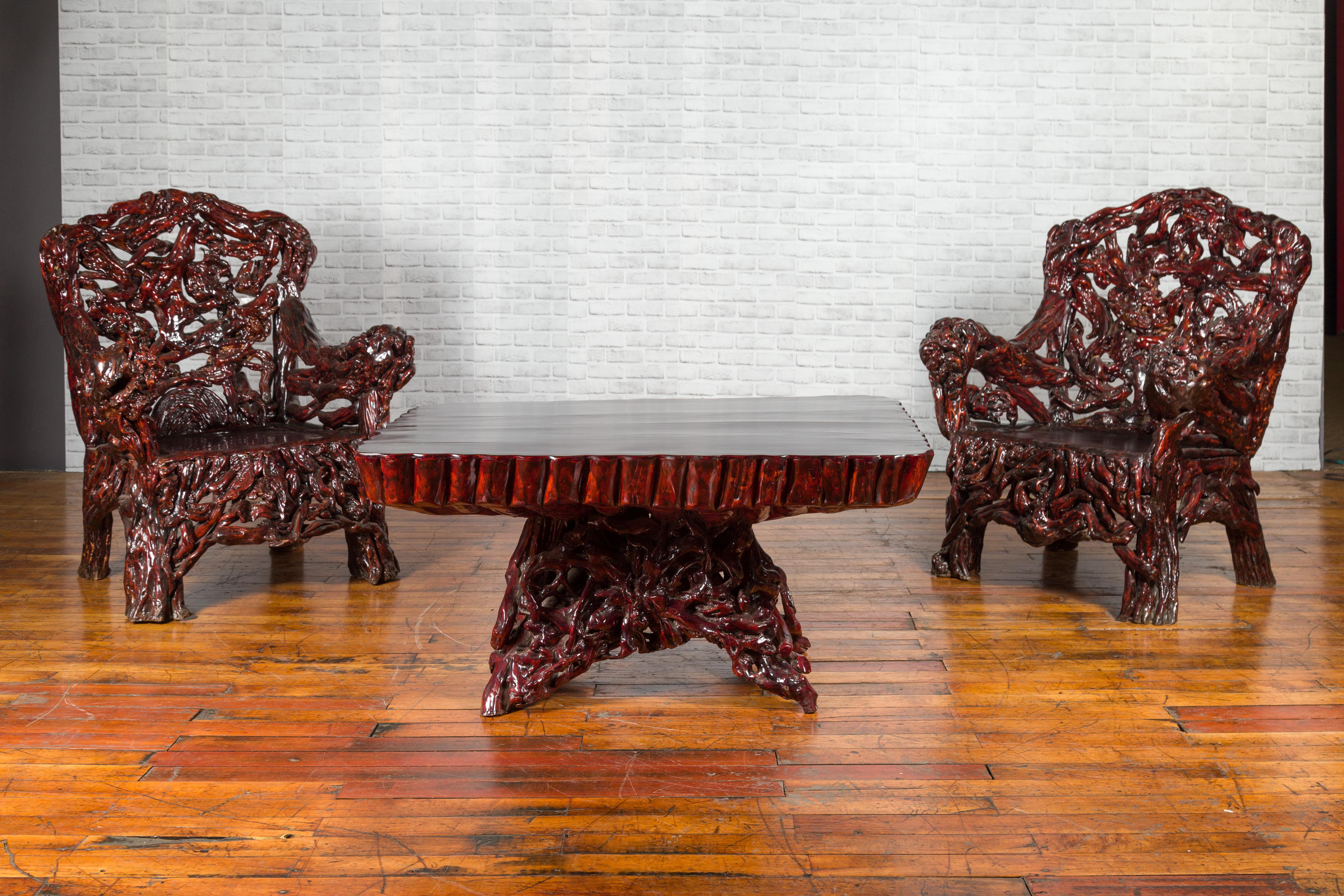 Chinese Hand-Carved Azalea Root Armchairs with Dark Patina, Sold Each For Sale 2
