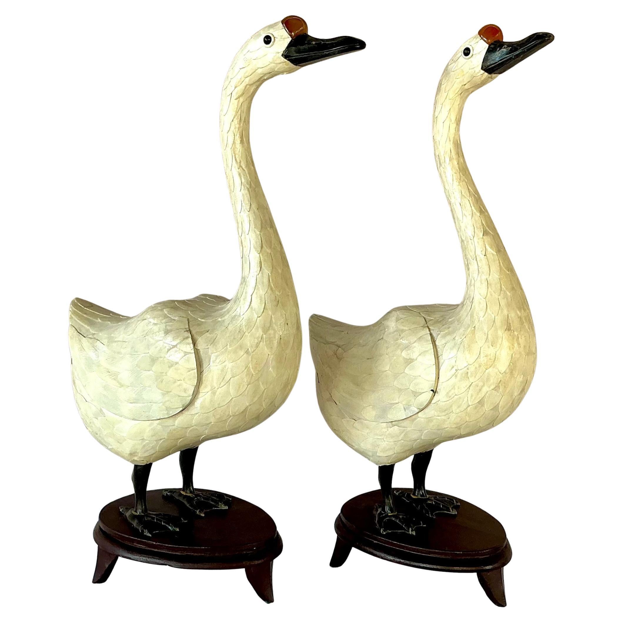 Chinese Hand-Cut Tessellated Bone Veneered Geese, A Pair