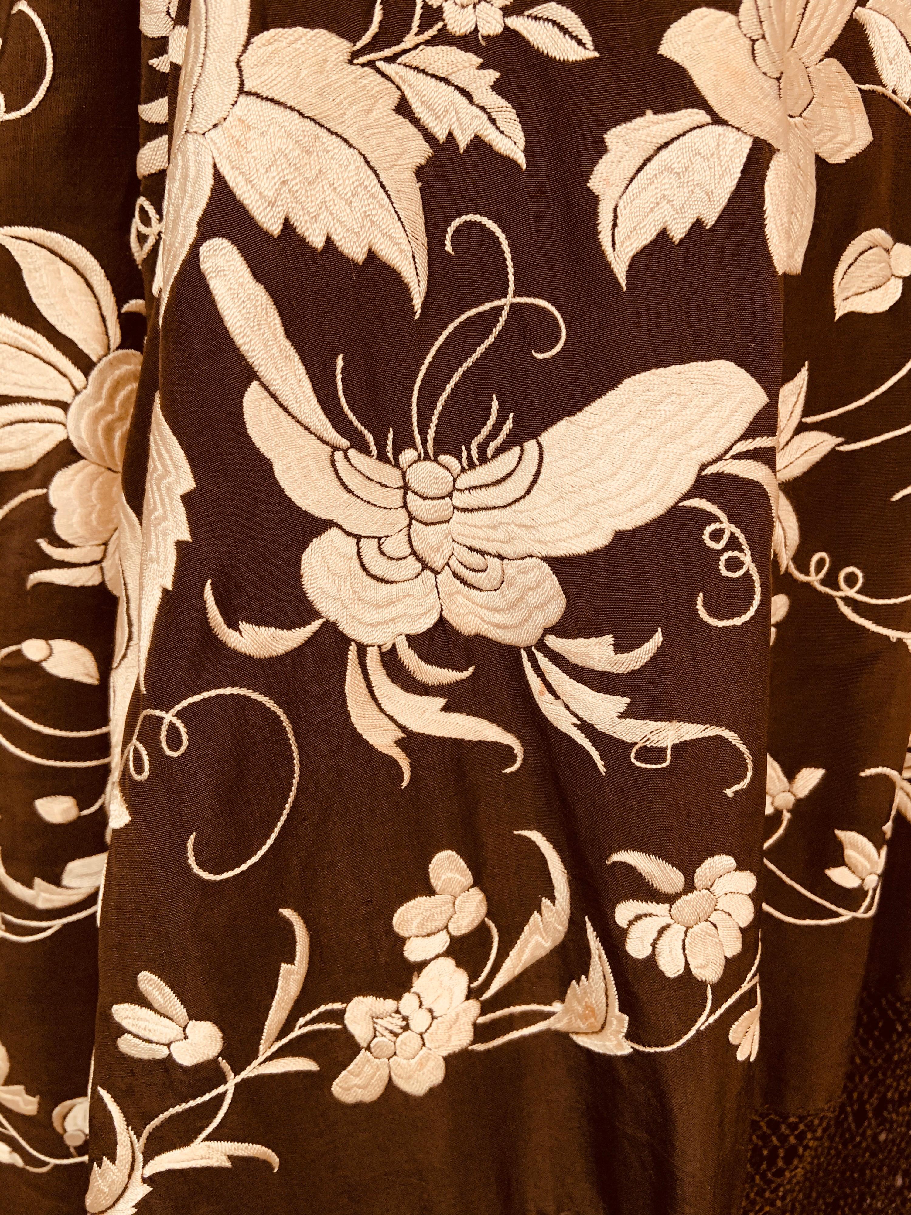 Chinese Hand Embroidered Silk Shawl Vanilla Embroidery on Chocolate Brown Silk 10