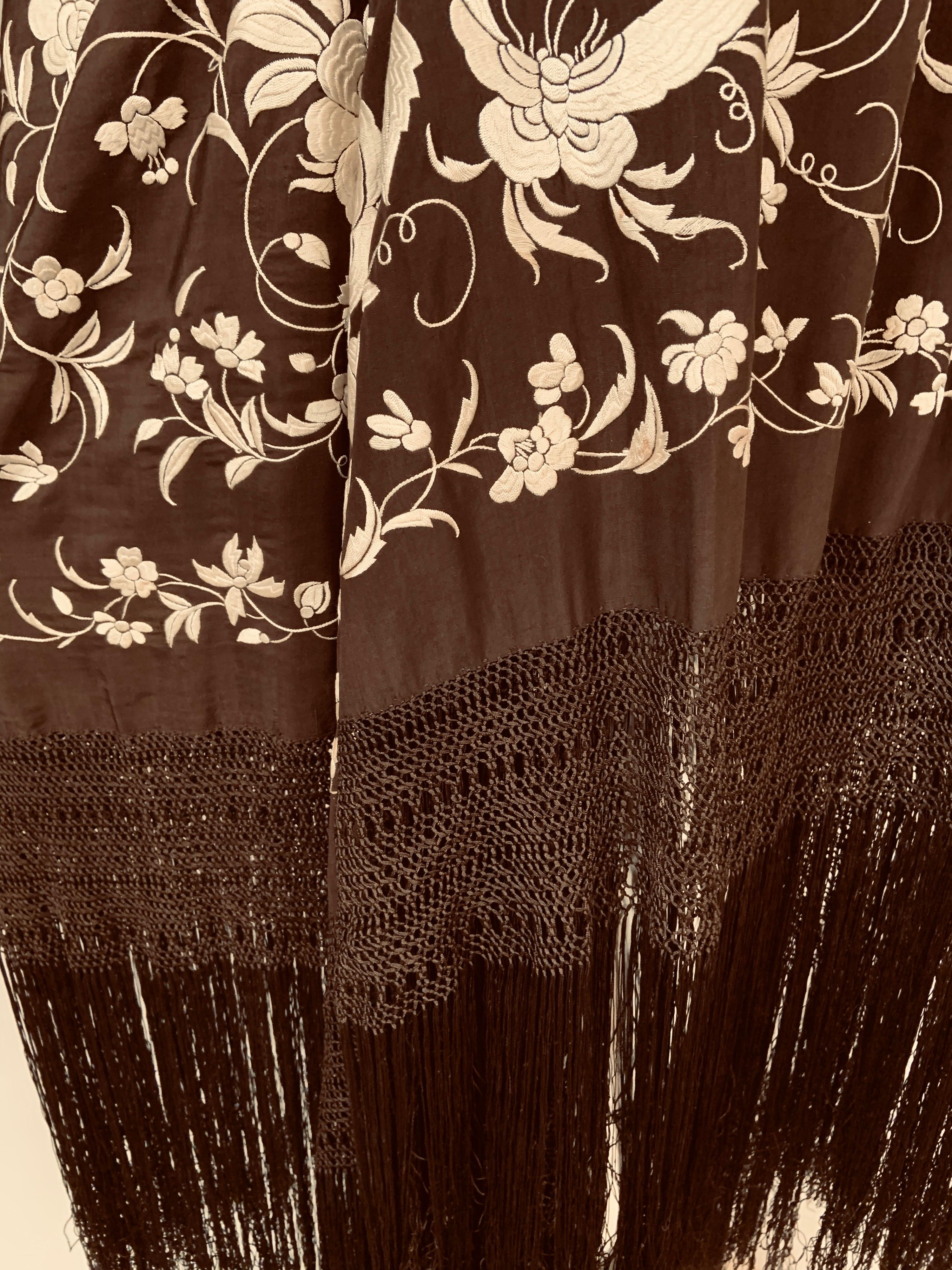 Chinese Hand Embroidered Silk Shawl Vanilla Embroidery on Chocolate Brown Silk 11