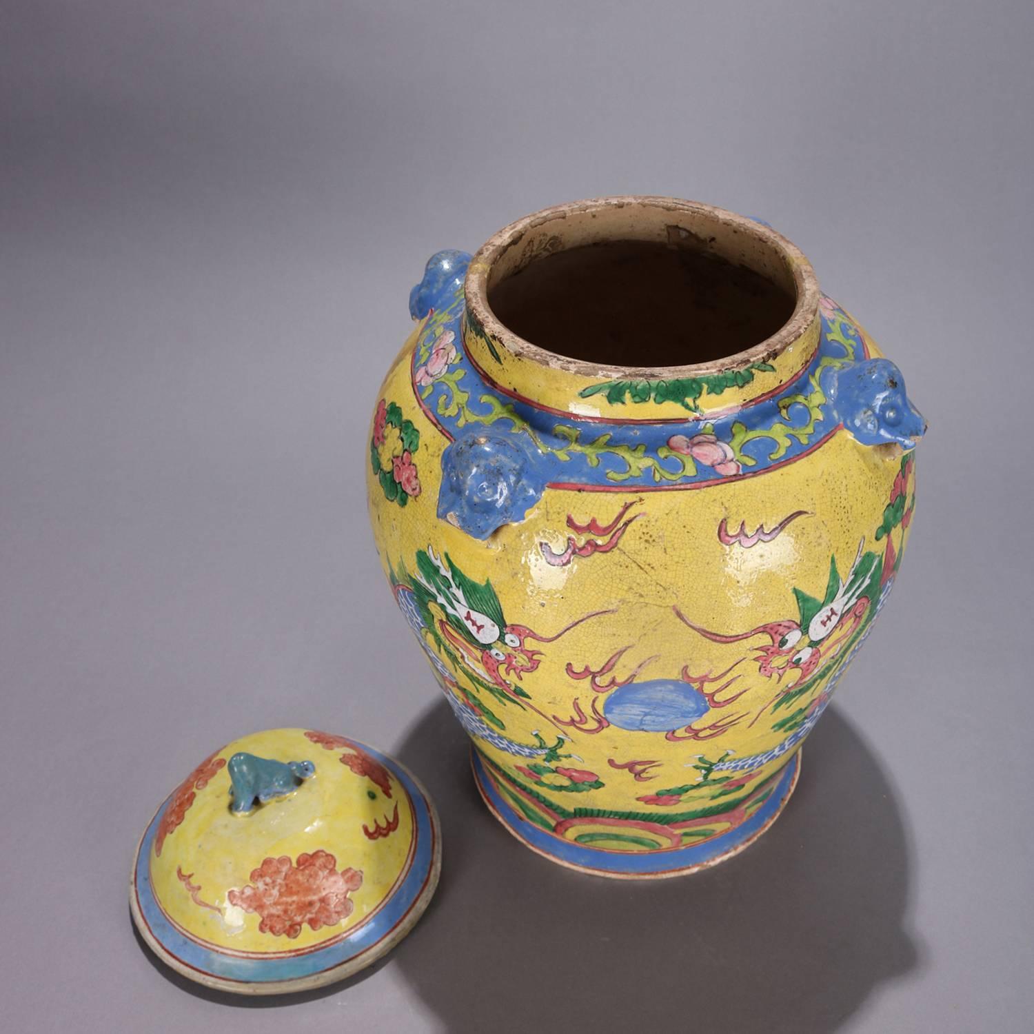 Chinese Hand Enameled Art Pottery Lidded Dragon Urn, 20th Century 7