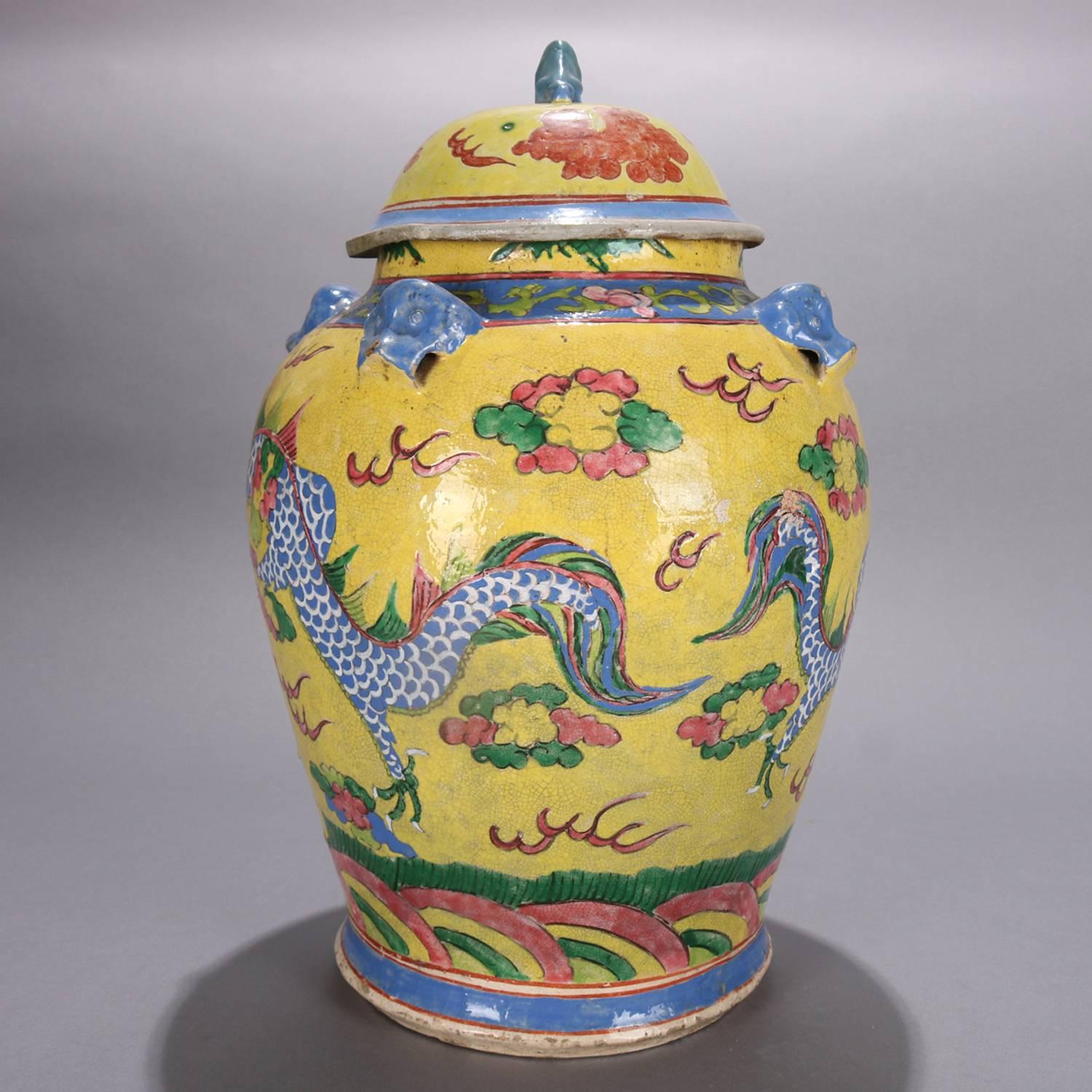 Ceramic Chinese Hand Enameled Art Pottery Lidded Dragon Urn, 20th Century