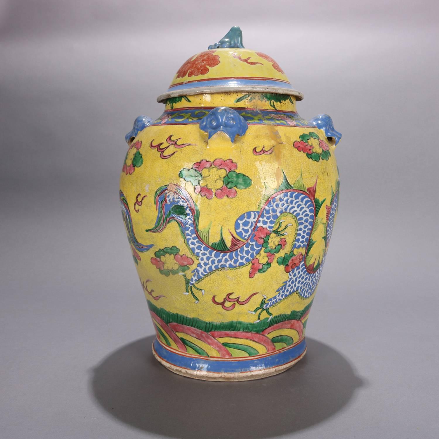 Chinese Hand Enameled Art Pottery Lidded Dragon Urn, 20th Century 1