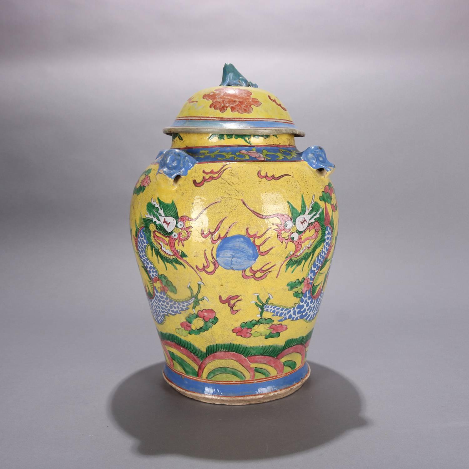 Chinese Hand Enameled Art Pottery Lidded Dragon Urn, 20th Century 2