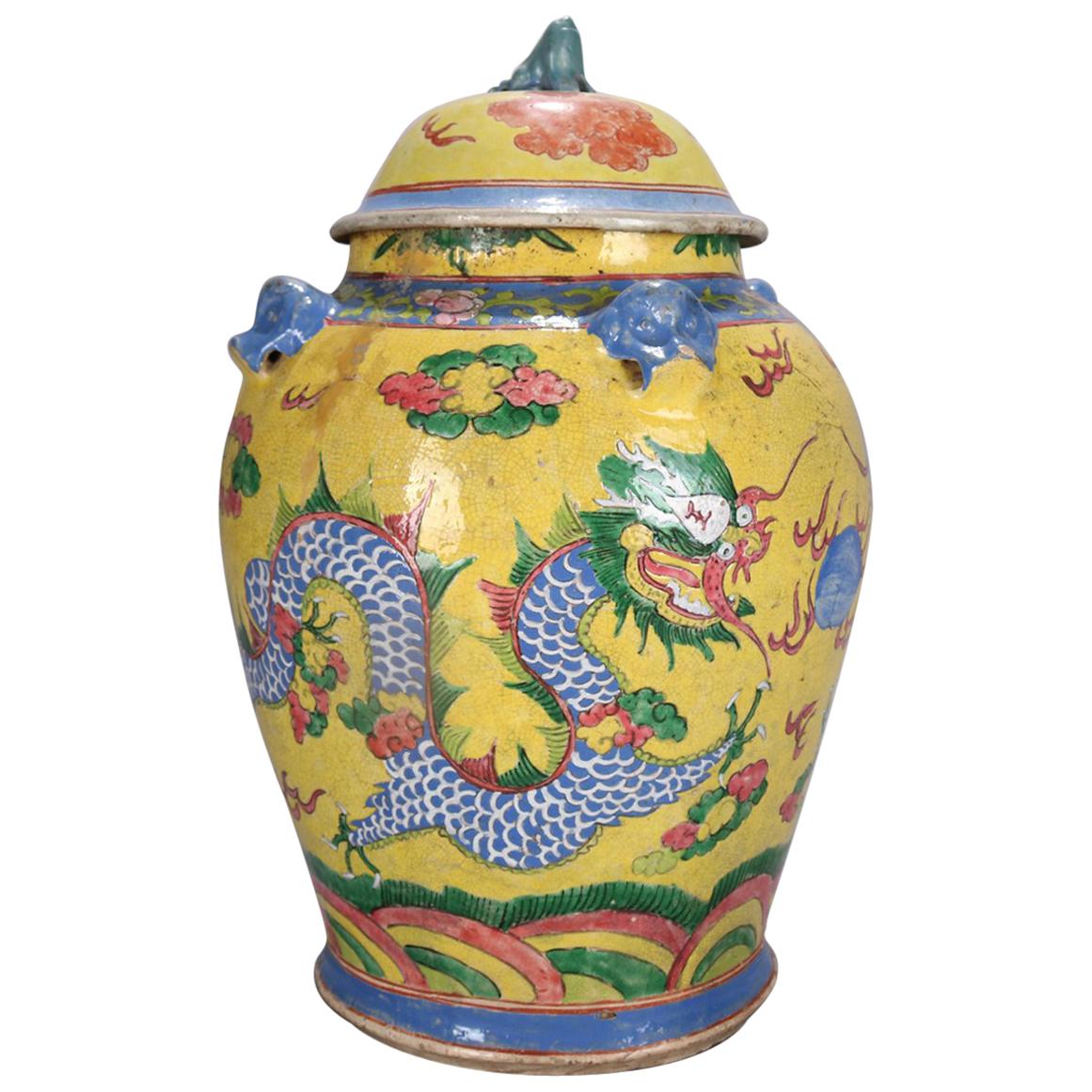 Chinese Hand Enameled Art Pottery Lidded Dragon Urn, 20th Century