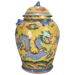Chinese Hand Enameled Art Pottery Lidded Dragon Urn, 20th Century