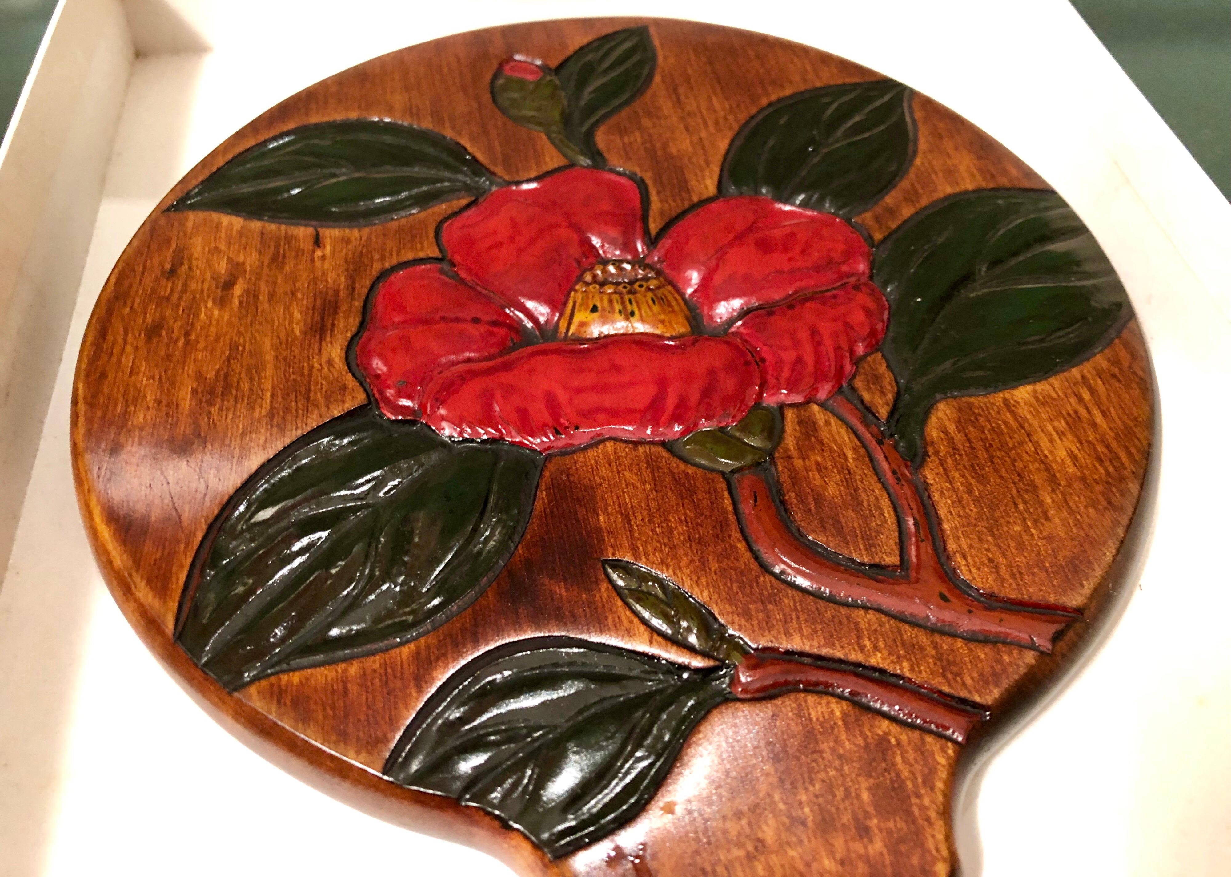 Hand-Carved Chinese Handmade Rosewood Round Mirror Carved Flower Box