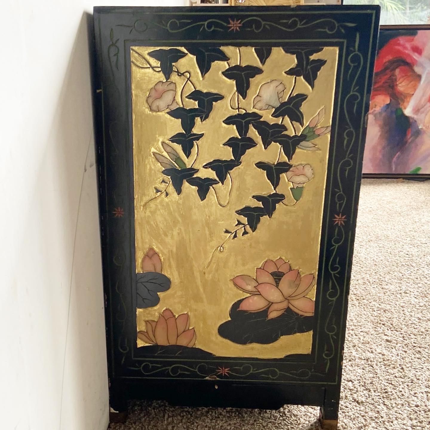 Chinese Hand Painted and Carved Black and Gold Credenza For Sale 4