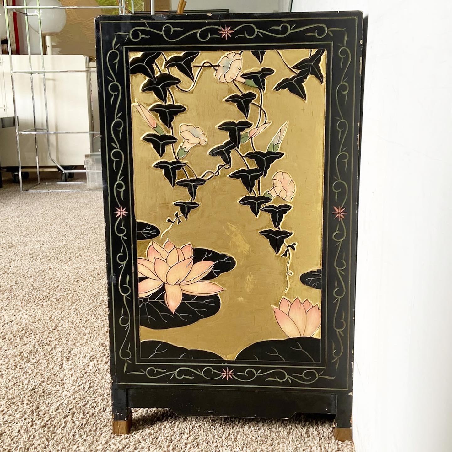 Chinese Hand Painted and Carved Black and Gold Credenza For Sale 5