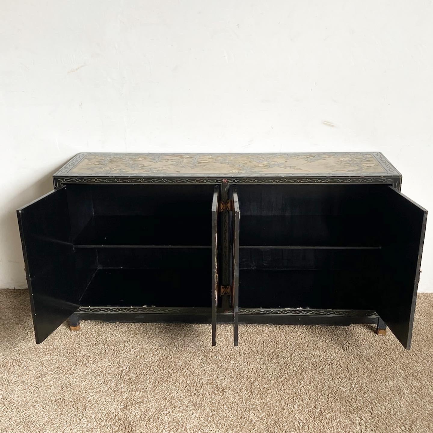 Chinese Hand Painted and Carved Black and Gold Credenza For Sale 6