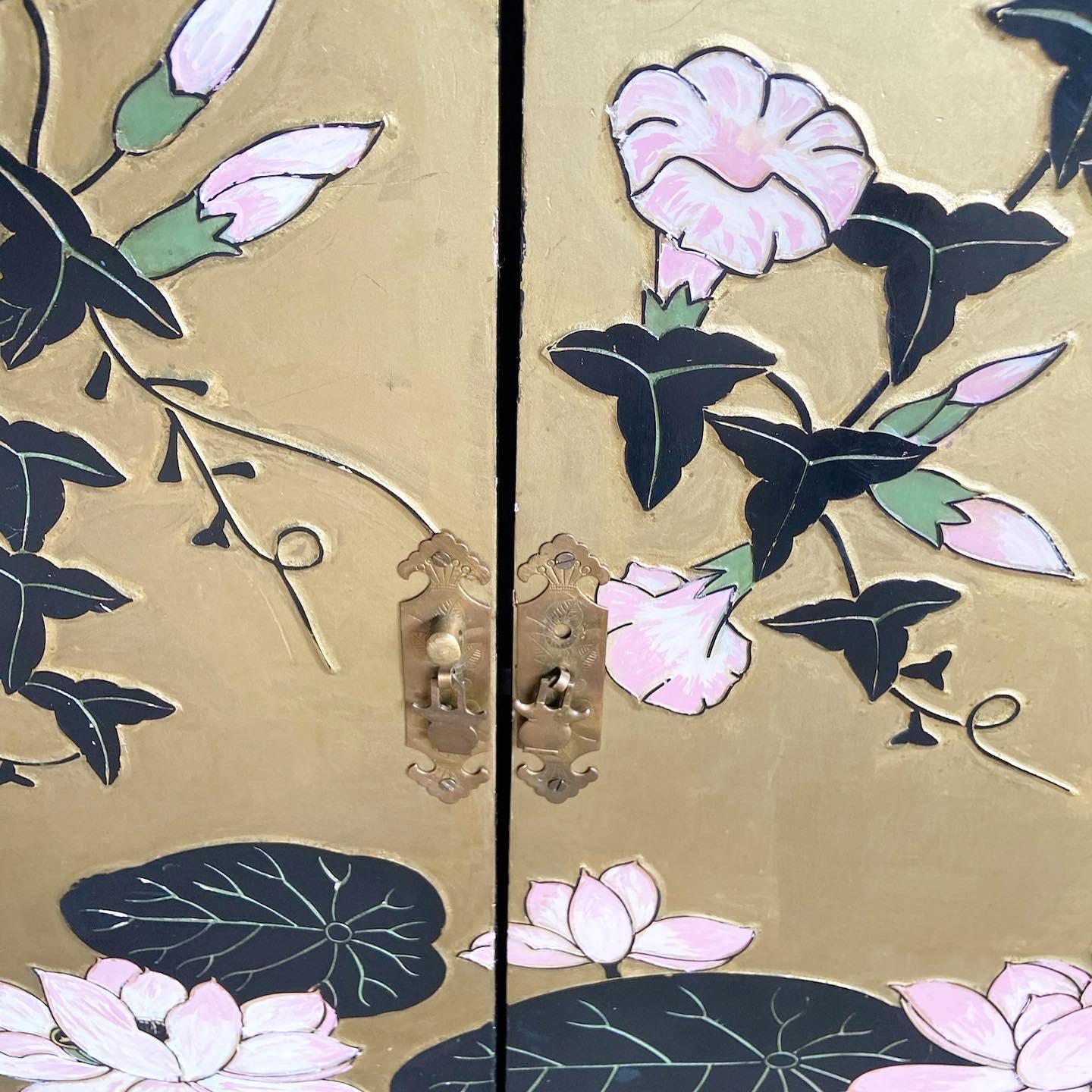 Chinoiserie Chinese Hand Painted and Carved Black and Gold Credenza For Sale
