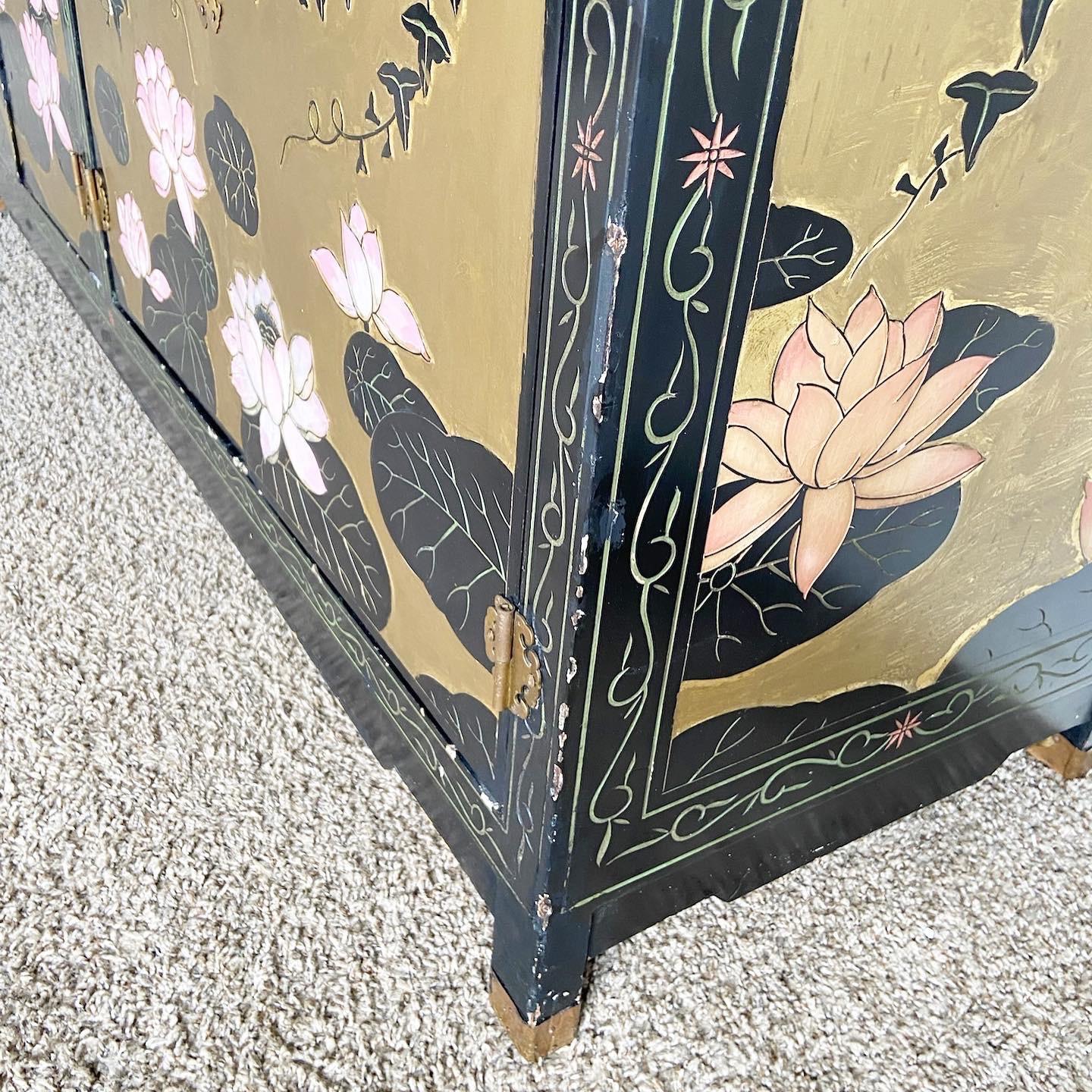 20th Century Chinese Hand Painted and Carved Black and Gold Credenza For Sale