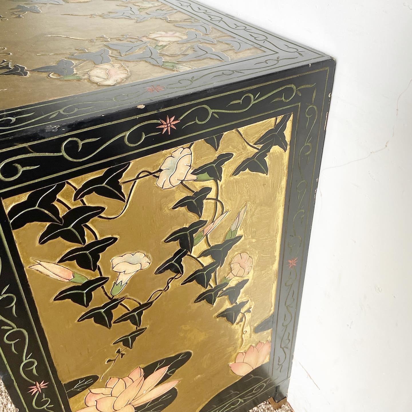 Brass Chinese Hand Painted and Carved Black and Gold Credenza For Sale