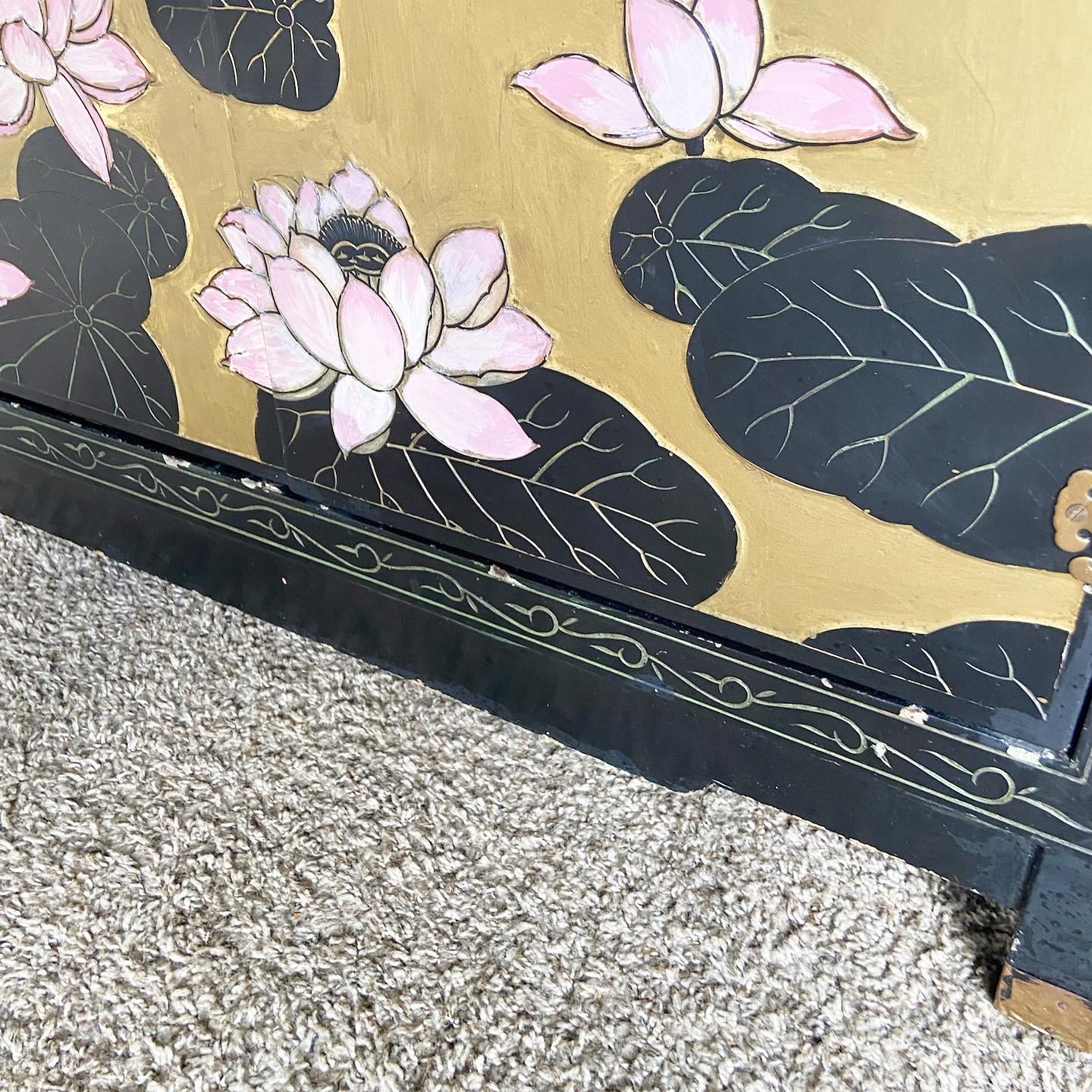Chinese Hand Painted and Carved Black and Gold Credenza 1