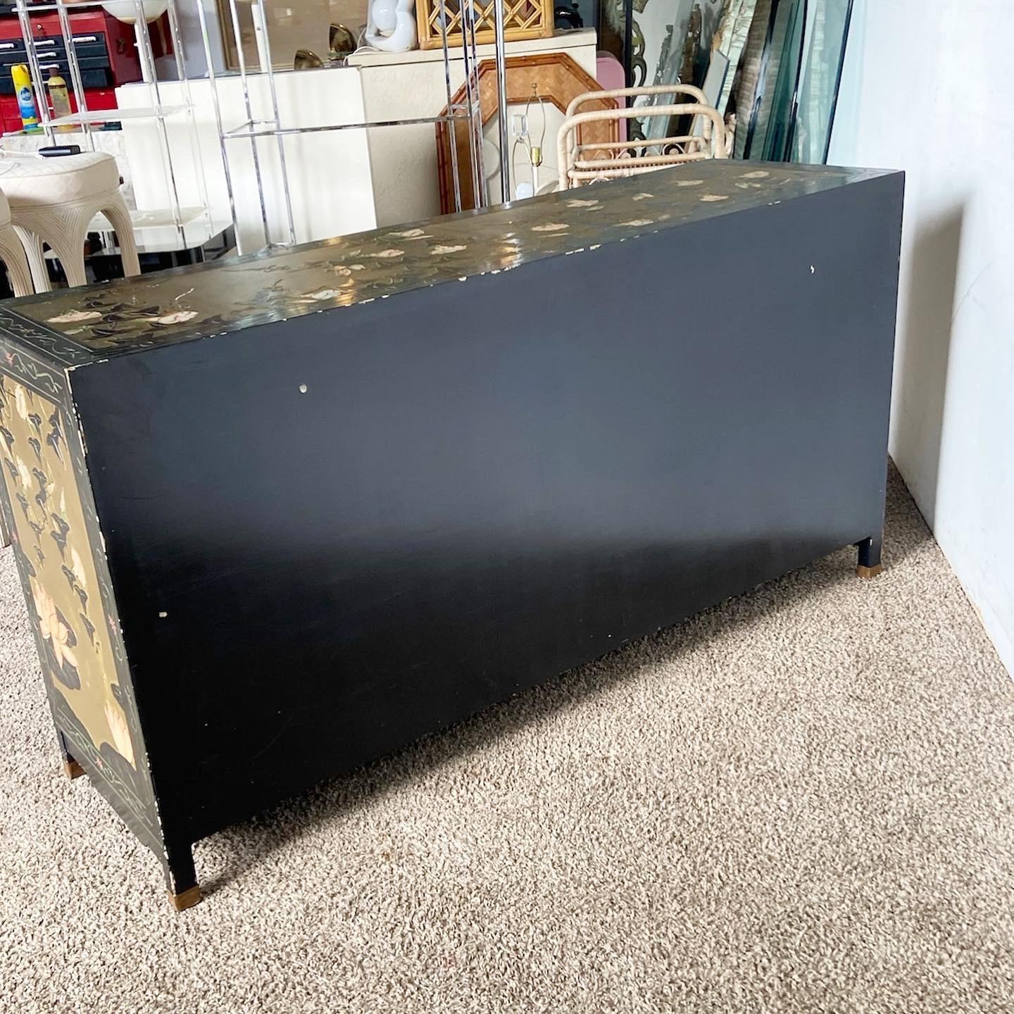 Chinese Hand Painted and Carved Black and Gold Credenza For Sale 3