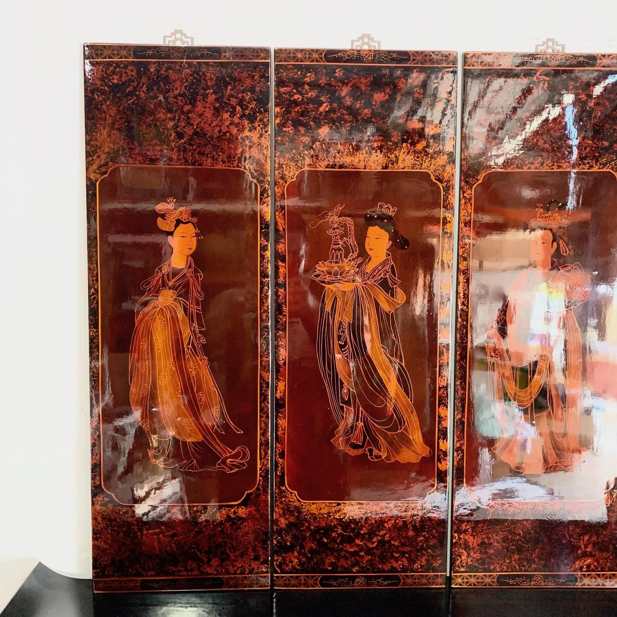 Enhance your home with this set of four Chinese hand-painted and lacquered wood panels featuring women in traditional attire. Each panel showcases intricate artistry and vivid colors, capturing the essence of classical Chinese culture. These panels